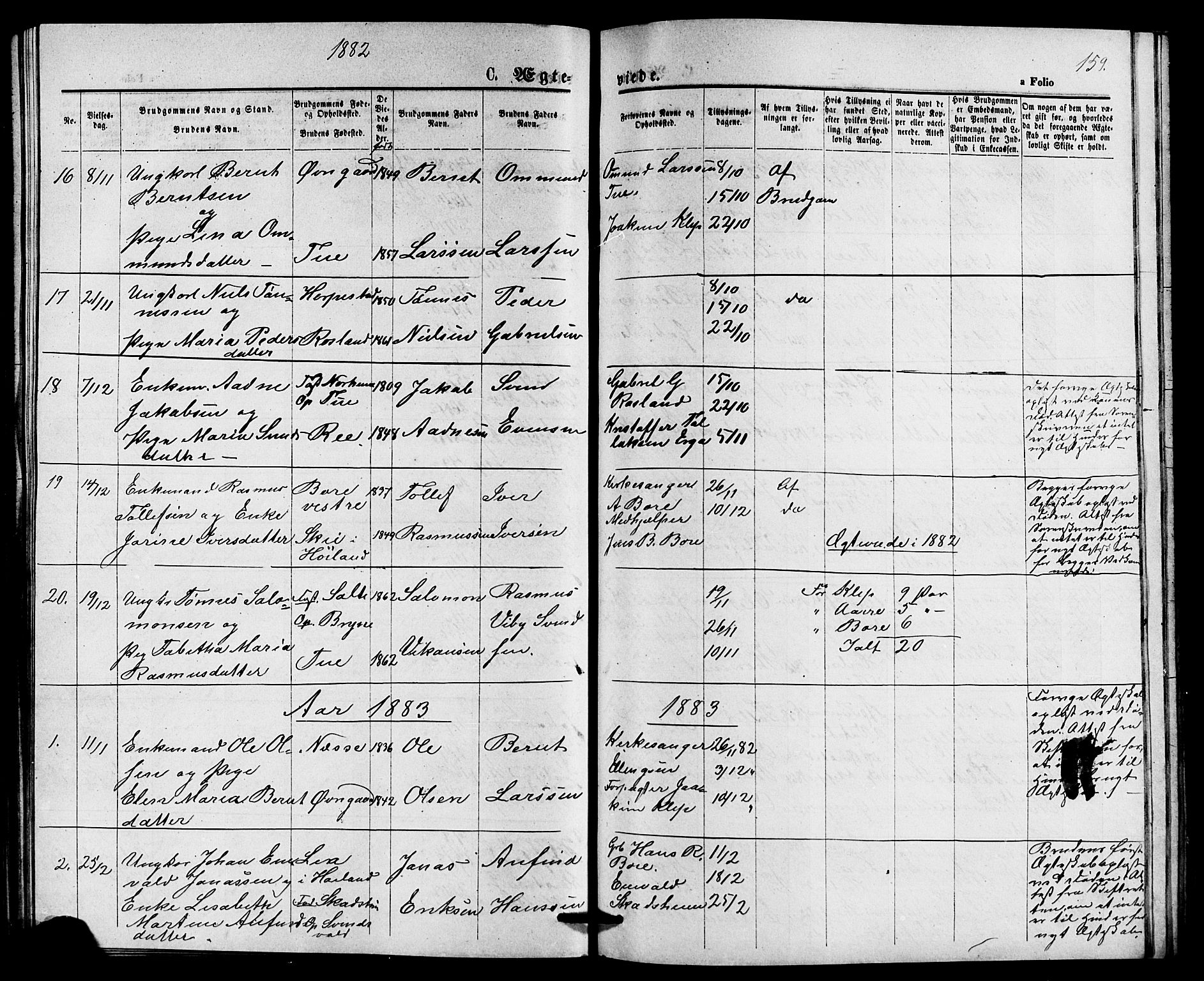 Klepp sokneprestkontor, SAST/A-101803/001/3/30BB/L0003: Parish register (copy) no. B 3, 1876-1888, p. 159
