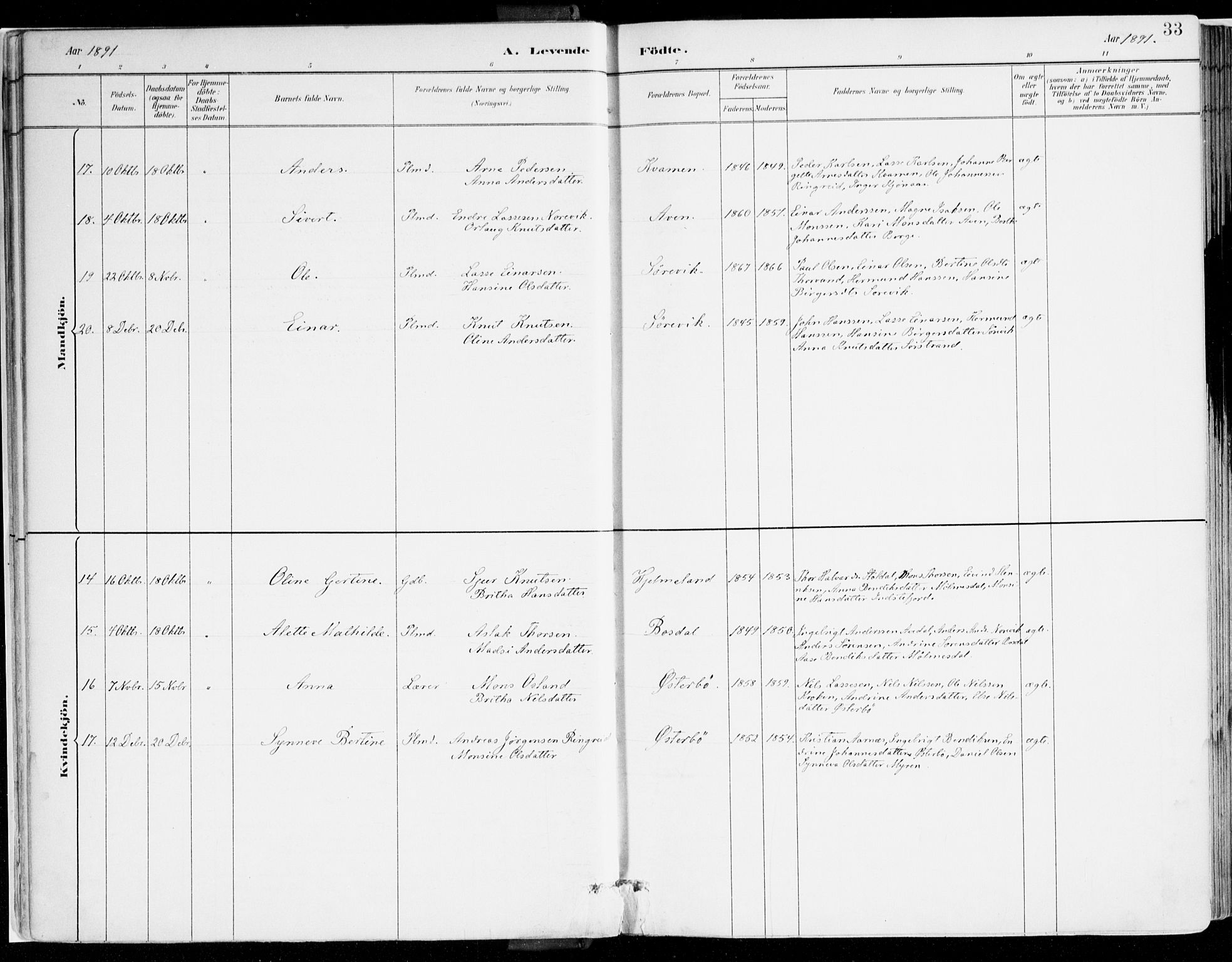 Lavik sokneprestembete, AV/SAB-A-80901: Parish register (official) no. B 1, 1882-1908, p. 33