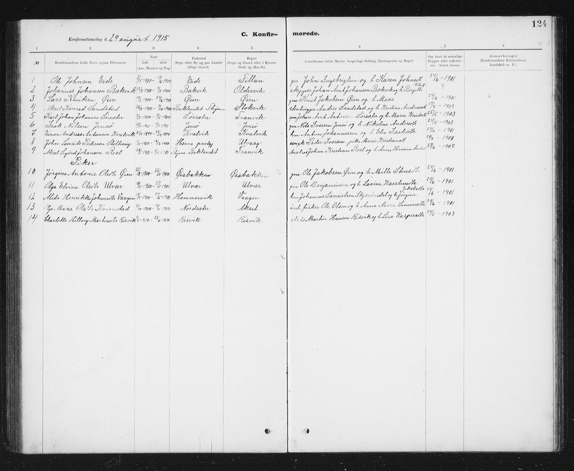 Ministerialprotokoller, klokkerbøker og fødselsregistre - Sør-Trøndelag, AV/SAT-A-1456/637/L0563: Parish register (copy) no. 637C04, 1899-1940, p. 124