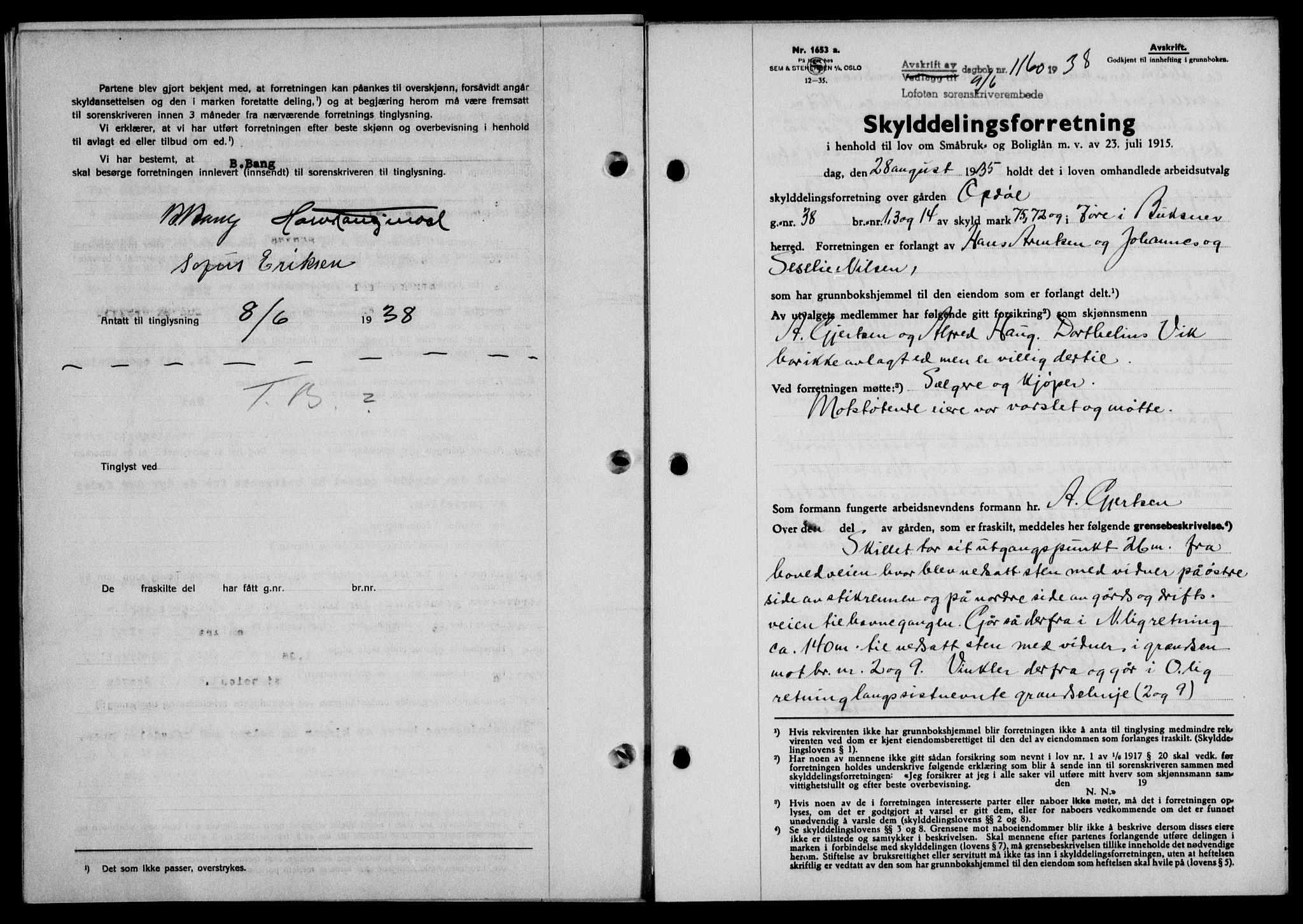 Lofoten sorenskriveri, SAT/A-0017/1/2/2C/L0004a: Mortgage book no. 4a, 1938-1938, Diary no: : 1160/1938