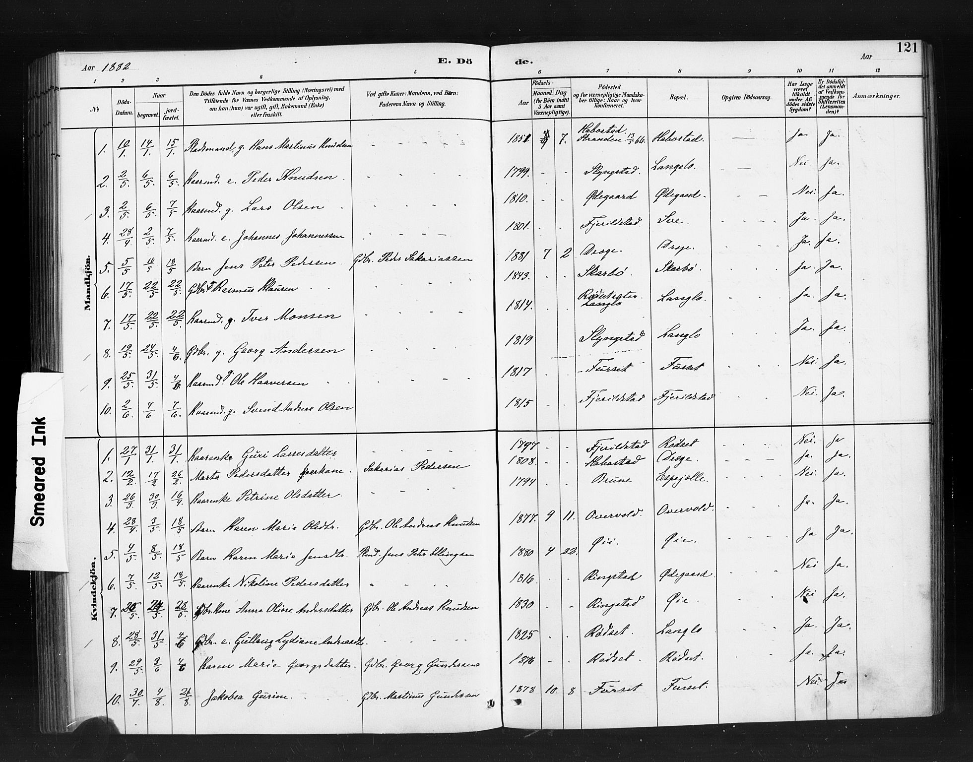 Ministerialprotokoller, klokkerbøker og fødselsregistre - Møre og Romsdal, AV/SAT-A-1454/520/L0283: Parish register (official) no. 520A12, 1882-1898, p. 121