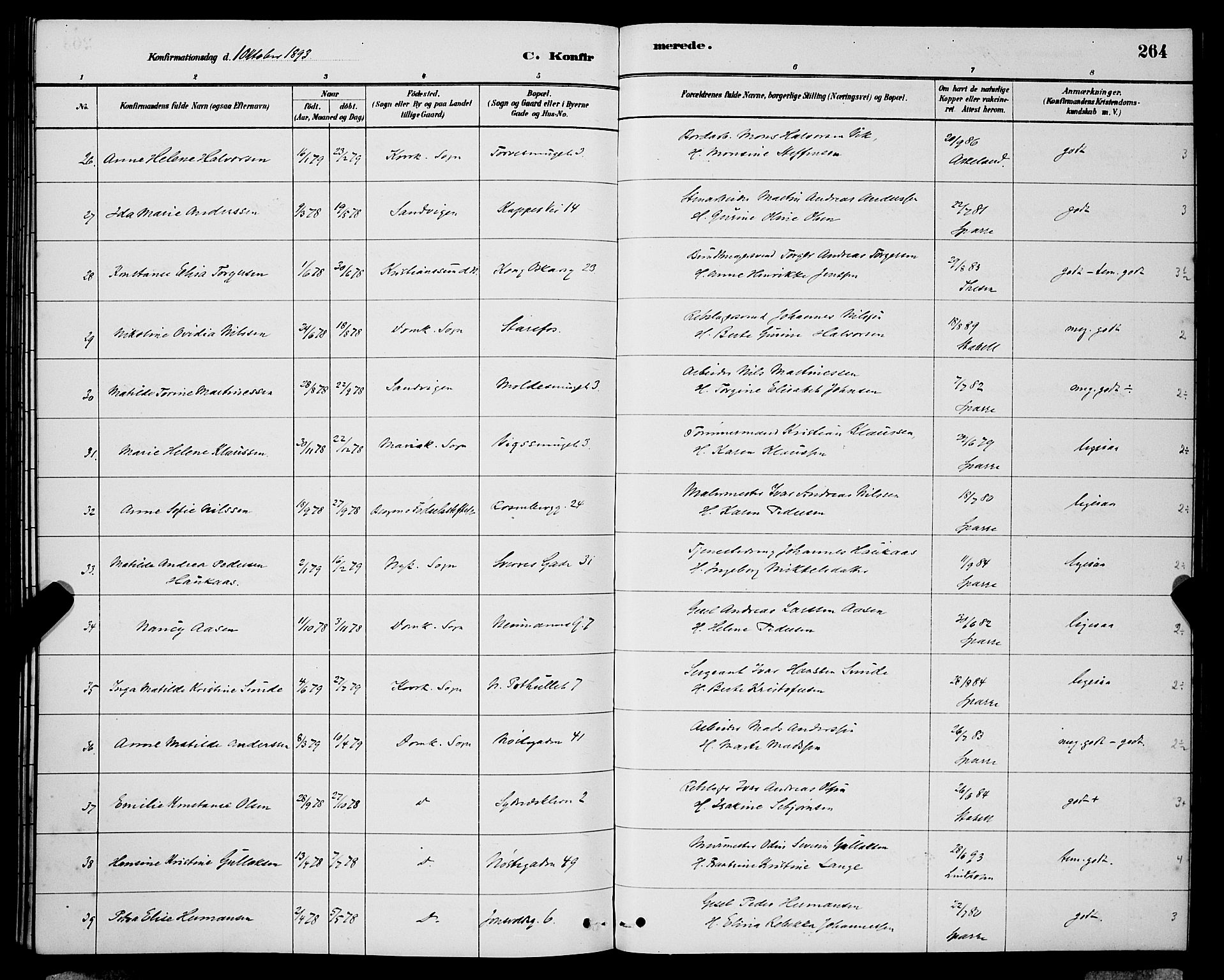 Domkirken sokneprestembete, SAB/A-74801/H/Hab/L0024: Parish register (copy) no. C 4, 1880-1899, p. 264