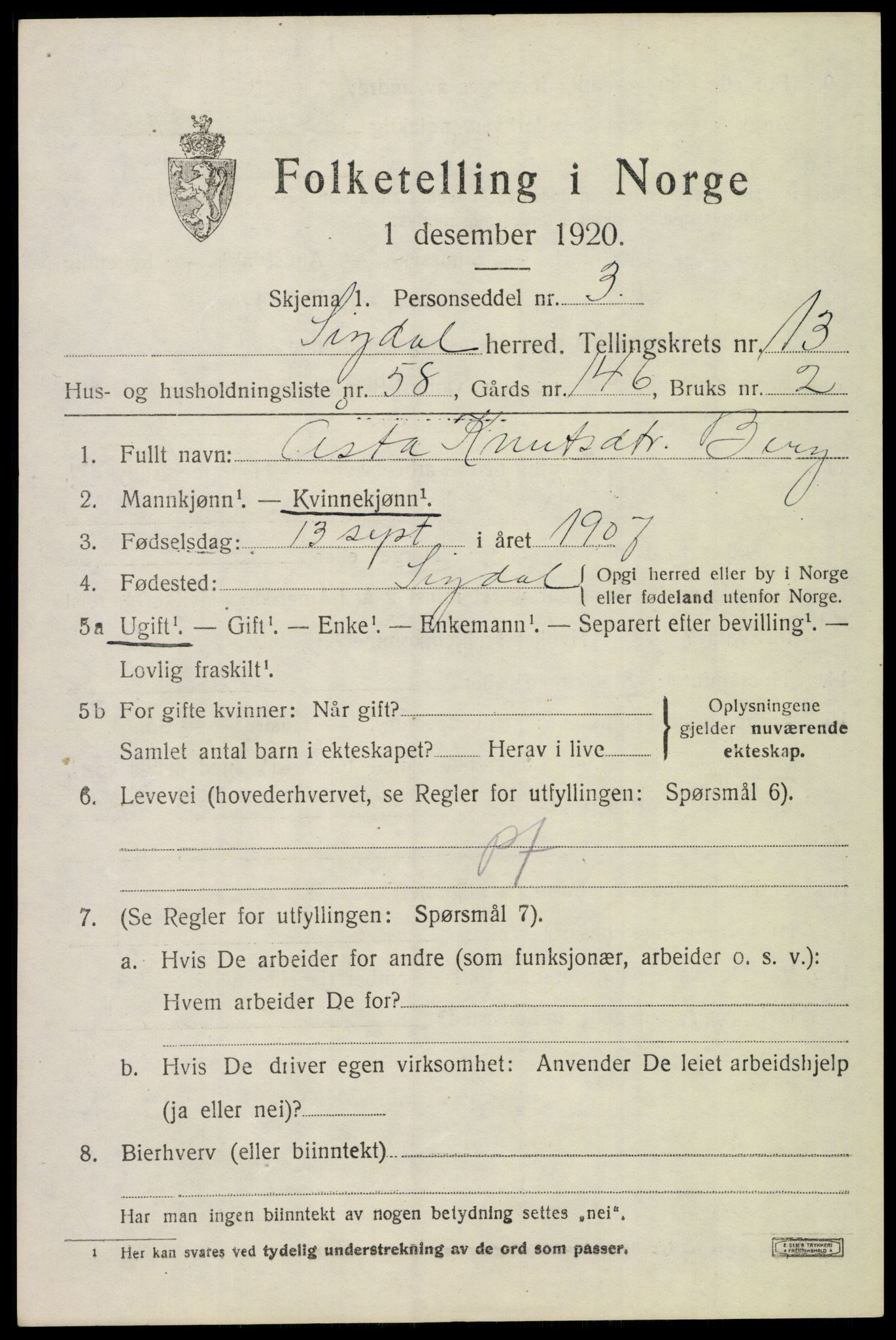 SAKO, 1920 census for Sigdal, 1920, p. 8644