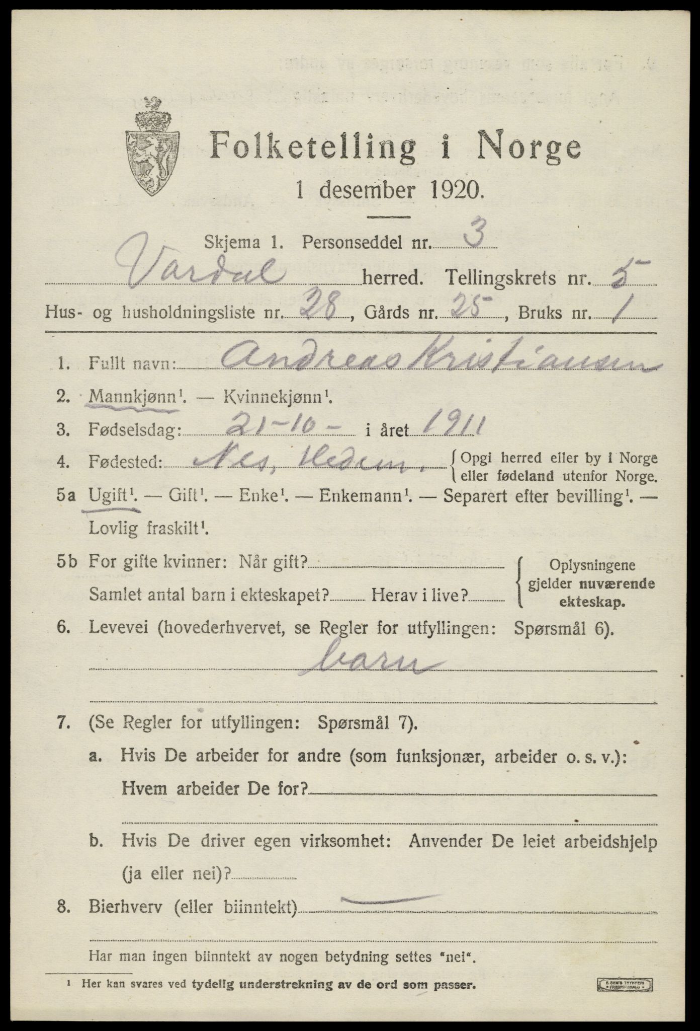 SAH, 1920 census for Vardal, 1920, p. 3395