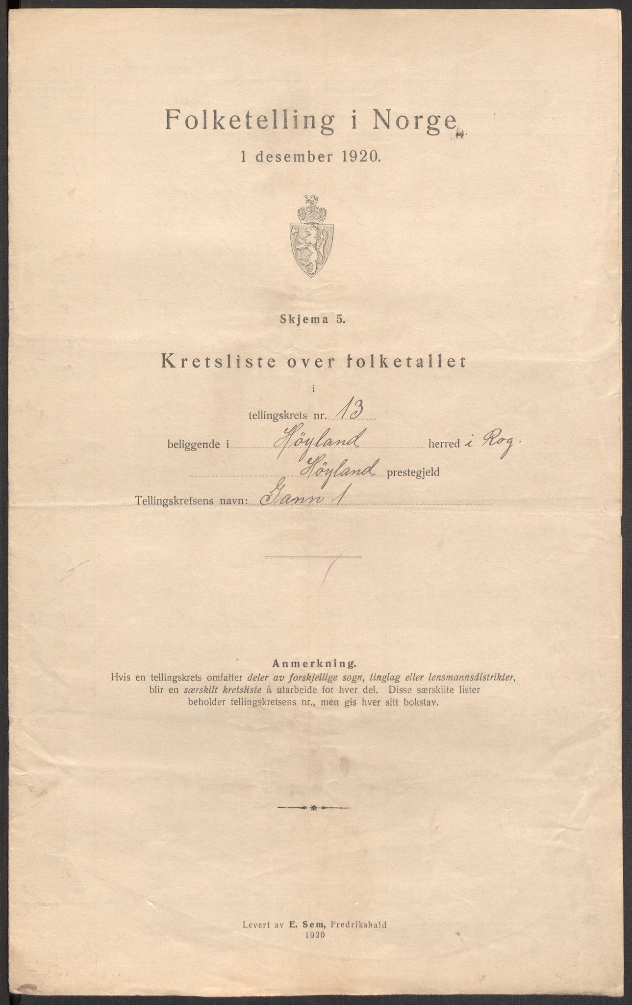 SAST, 1920 census for Høyland, 1920, p. 54