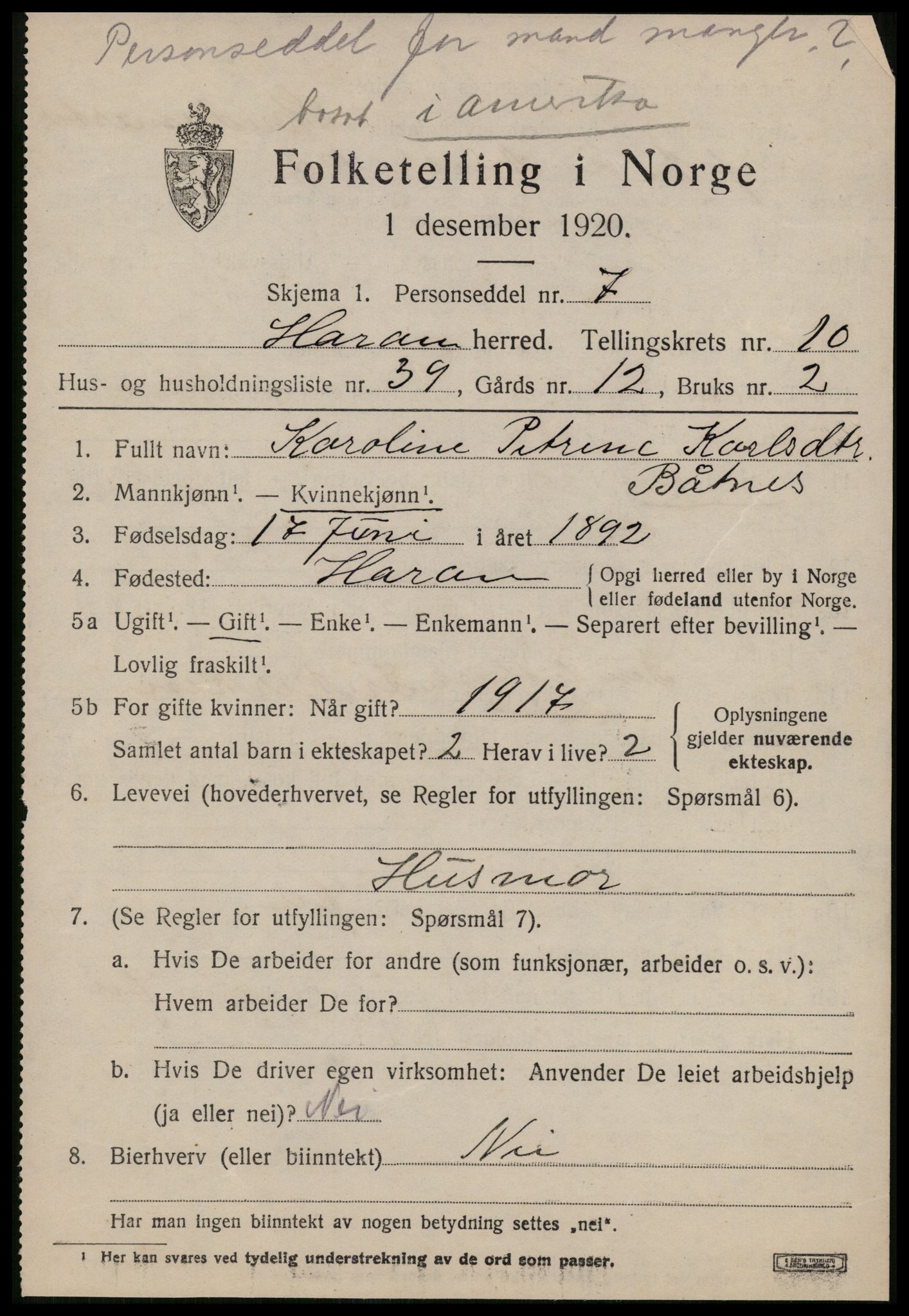 SAT, 1920 census for Haram, 1920, p. 6263