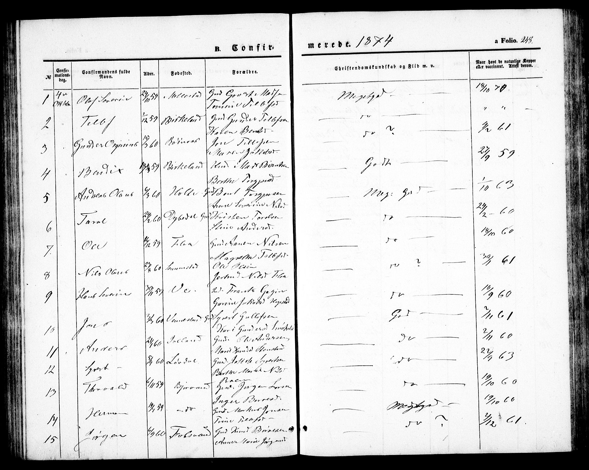 Birkenes sokneprestkontor, SAK/1111-0004/F/Fb/L0002: Parish register (copy) no. B 2, 1849-1876, p. 248