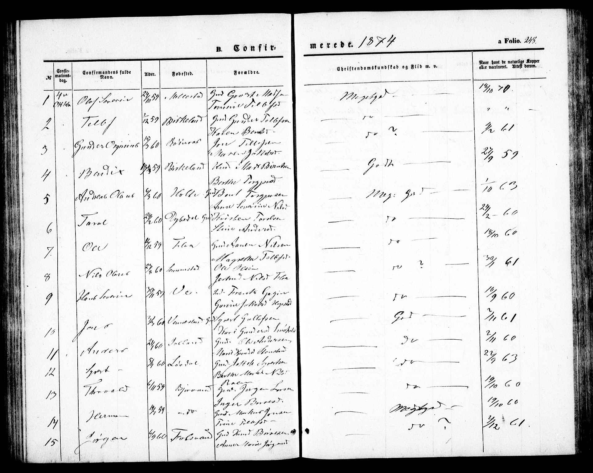 Birkenes sokneprestkontor, AV/SAK-1111-0004/F/Fb/L0002: Parish register (copy) no. B 2, 1849-1876, p. 248