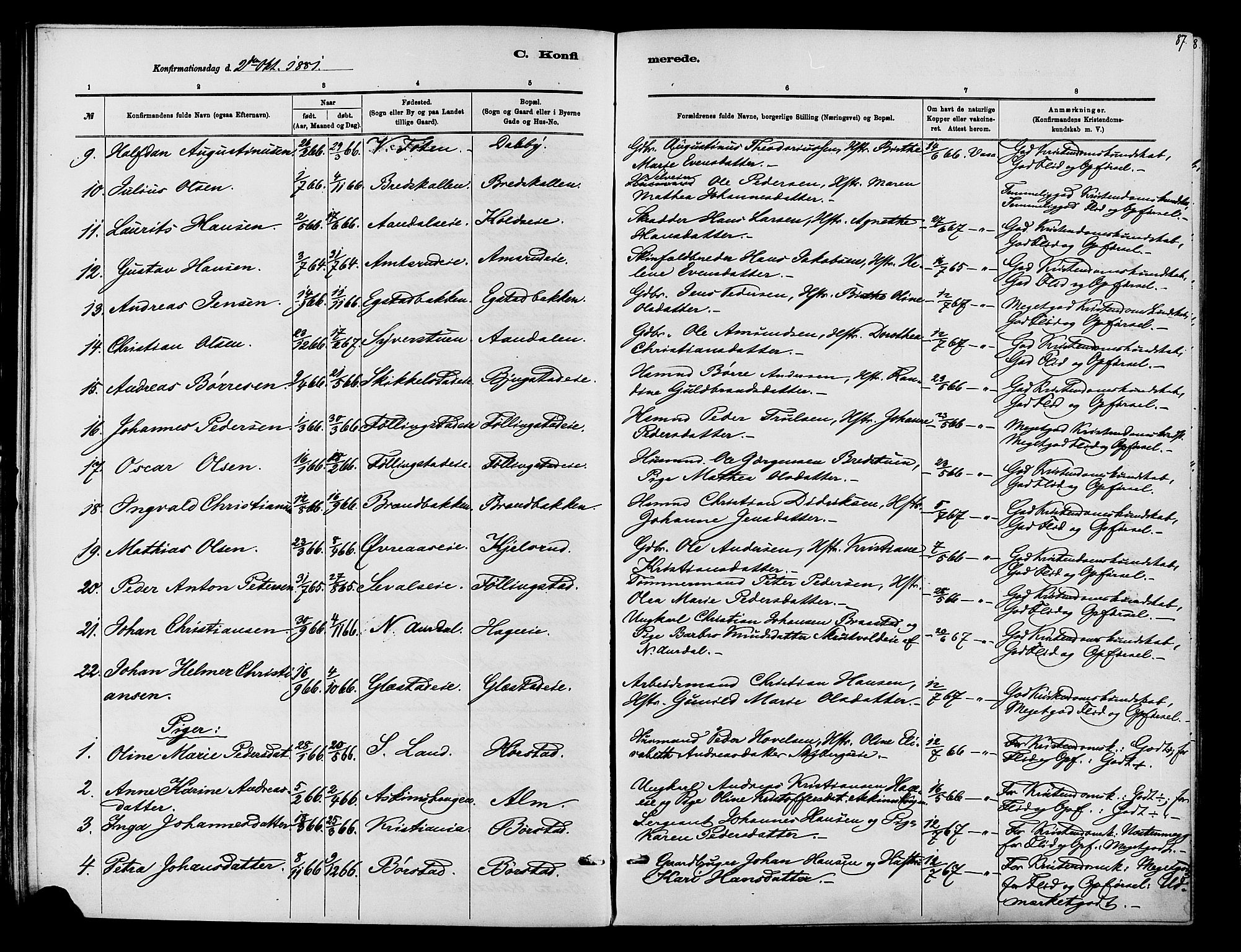Vardal prestekontor, SAH/PREST-100/H/Ha/Haa/L0010: Parish register (official) no. 10, 1878-1893, p. 87