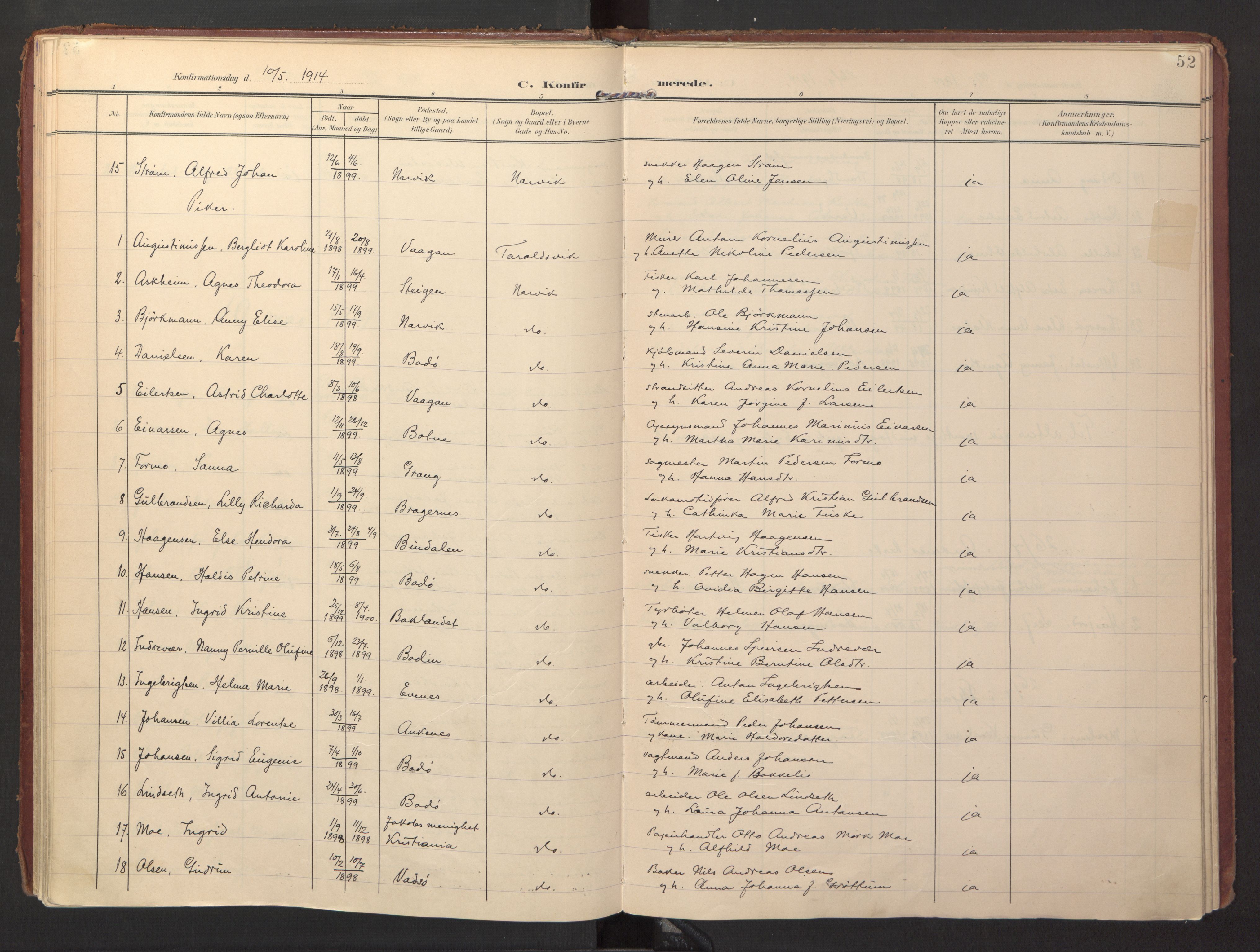Ministerialprotokoller, klokkerbøker og fødselsregistre - Nordland, SAT/A-1459/871/L0998: Parish register (official) no. 871A14, 1902-1921, p. 52