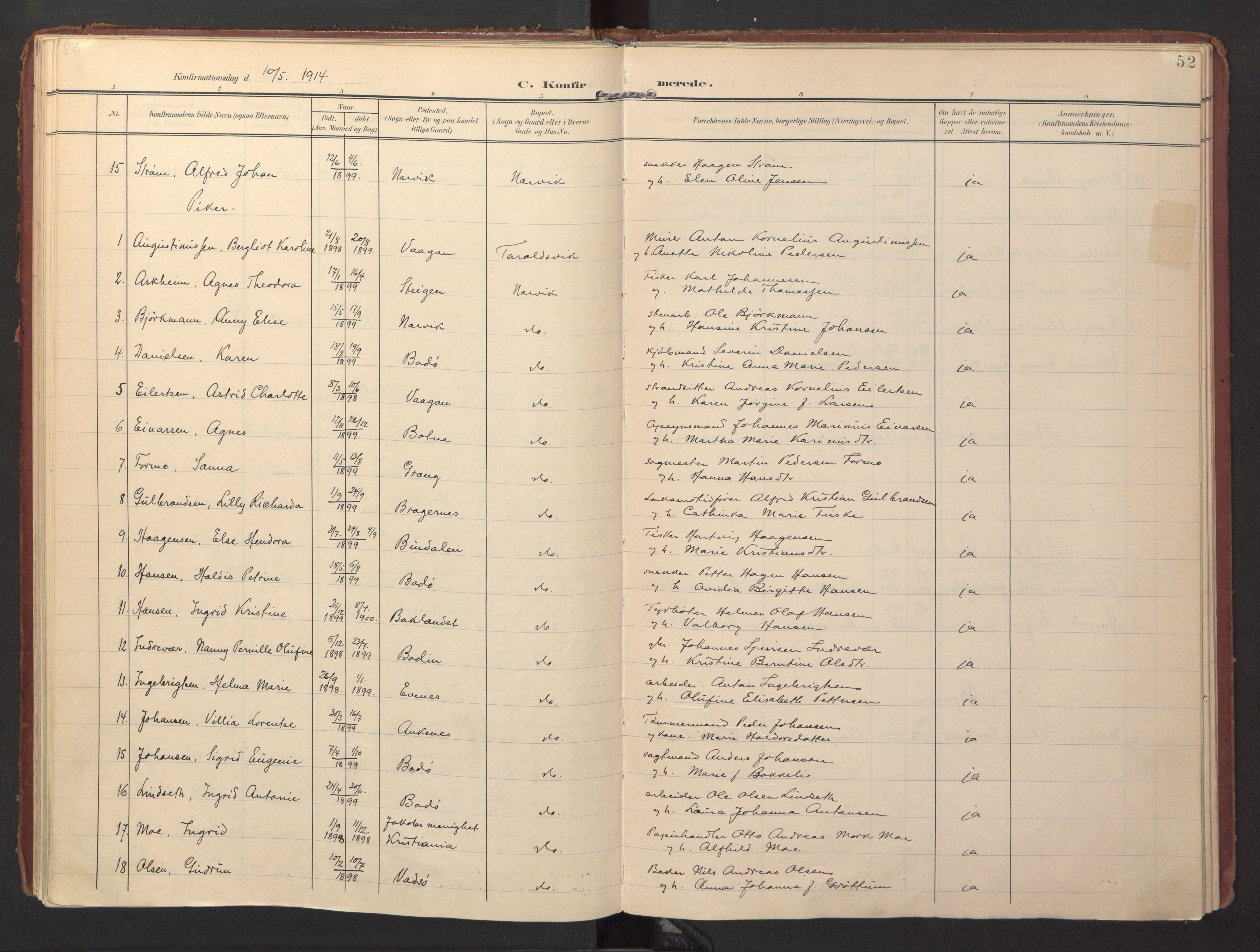 Ministerialprotokoller, klokkerbøker og fødselsregistre - Nordland, AV/SAT-A-1459/871/L0998: Parish register (official) no. 871A14, 1902-1921, p. 52