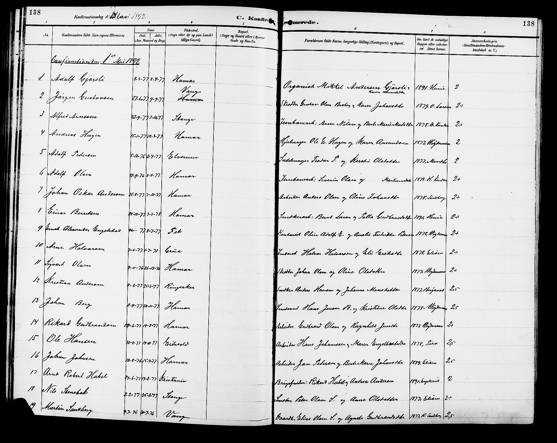 Vang prestekontor, Hedmark, SAH/PREST-008/H/Ha/Hab/L0013: Parish register (copy) no. 13, 1890-1899, p. 138