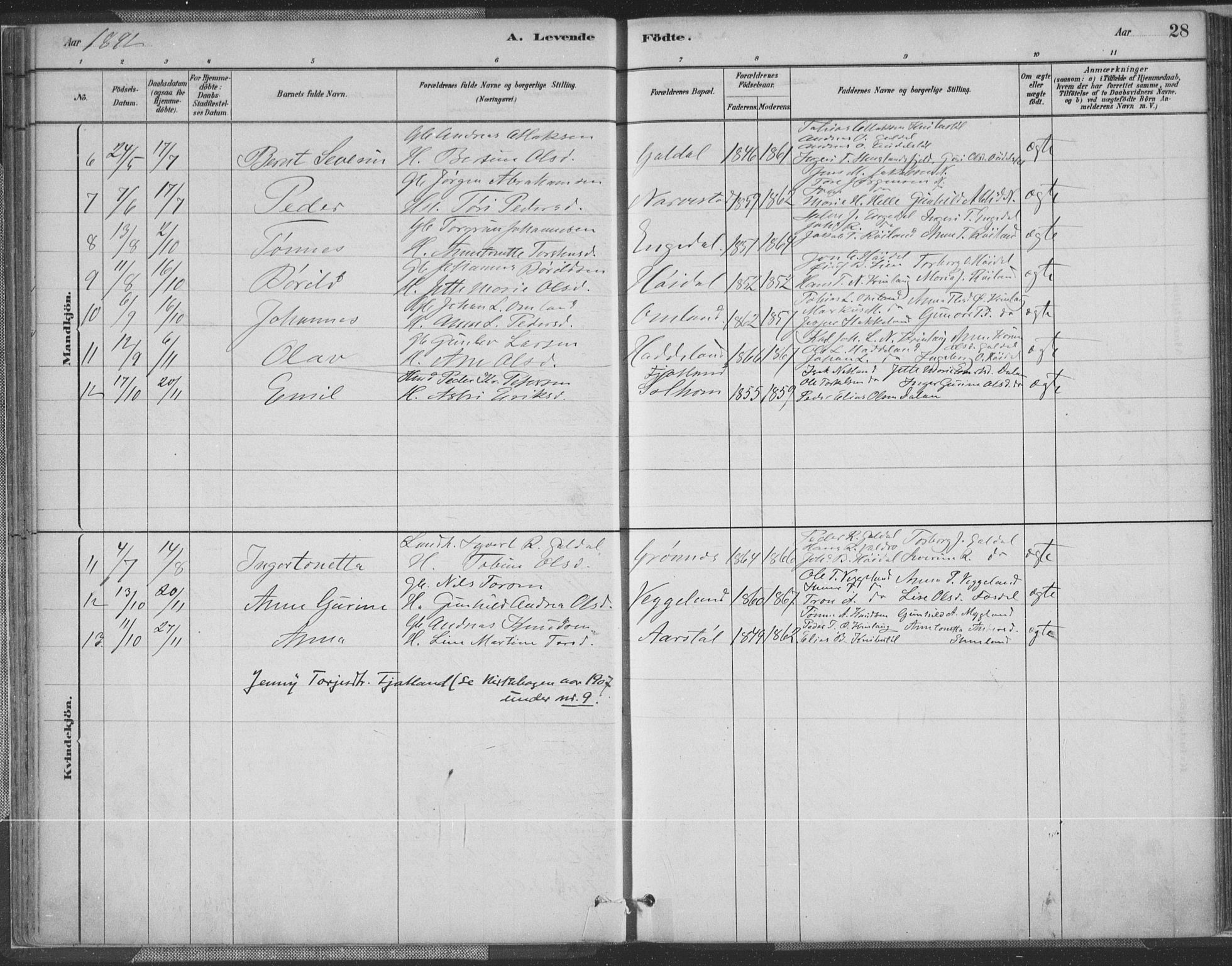 Fjotland sokneprestkontor, SAK/1111-0010/F/Fa/L0002: Parish register (official) no. A 2, 1880-1898, p. 28