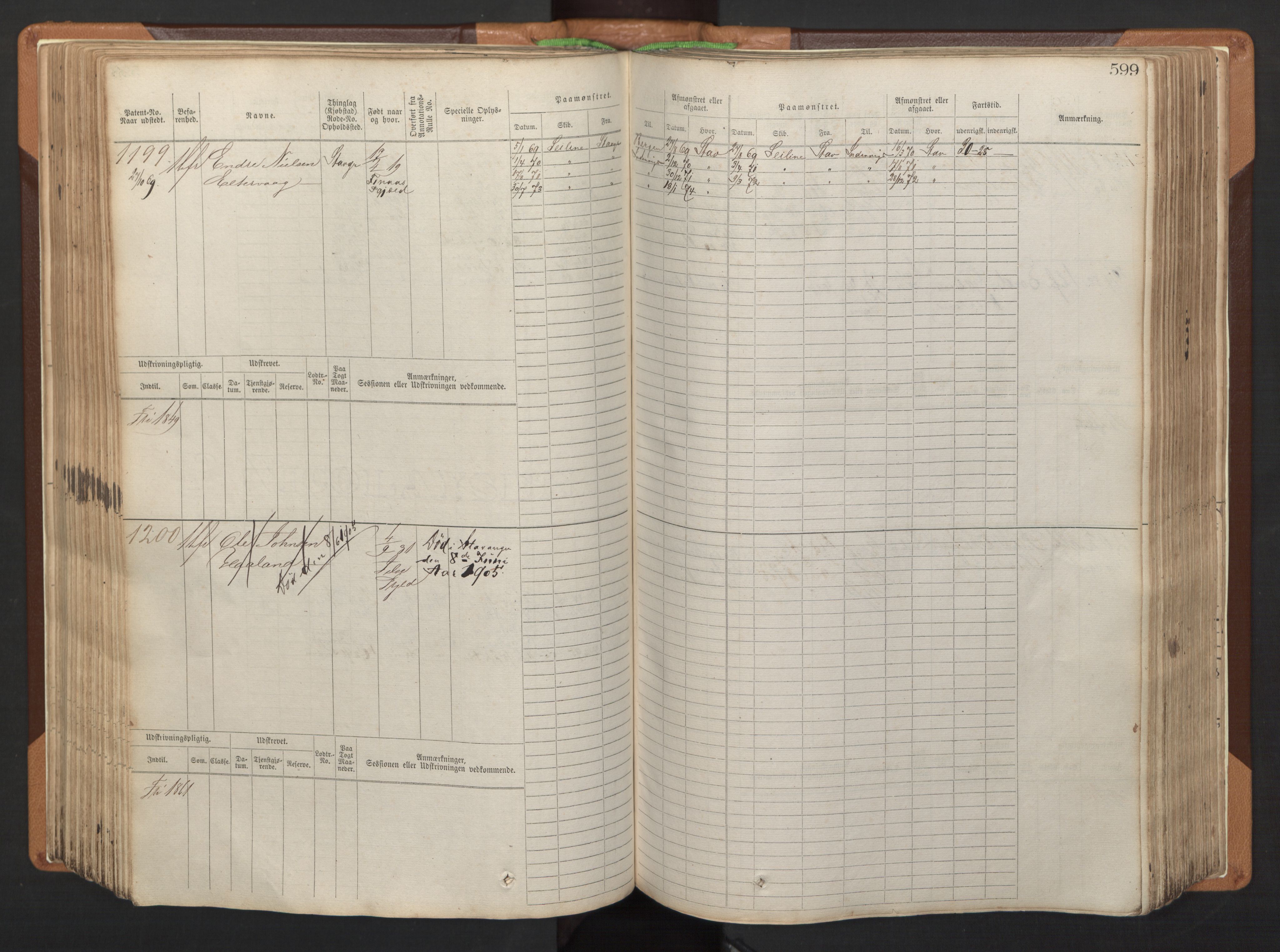 Stavanger sjømannskontor, SAST/A-102006/F/Fb/Fbb/L0005: Sjøfartshovedrulle, patentnr. 793-1606 (del 2), 1869-1880, p. 209