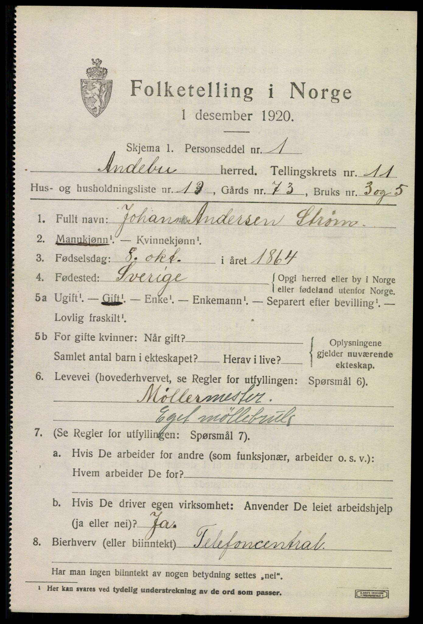 SAKO, 1920 census for Andebu, 1920, p. 4300
