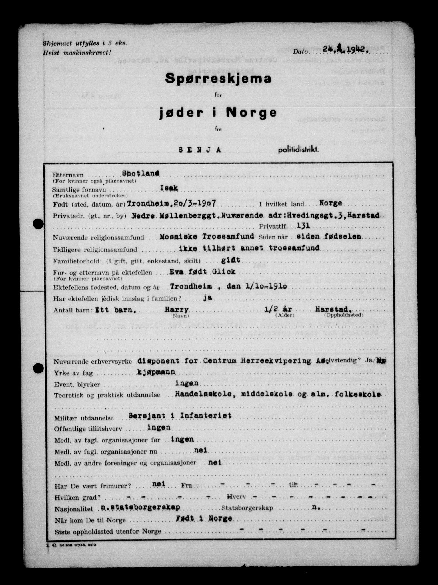 Statspolitiet - Hovedkontoret / Osloavdelingen, AV/RA-S-1329/G/Ga/L0013: Spørreskjema for jøder i Norge. 1: Sandefjord-Trondheim. 2: Tønsberg- Ålesund.  3: Skriv vedr. jøder A-H.  , 1942-1943, p. 36