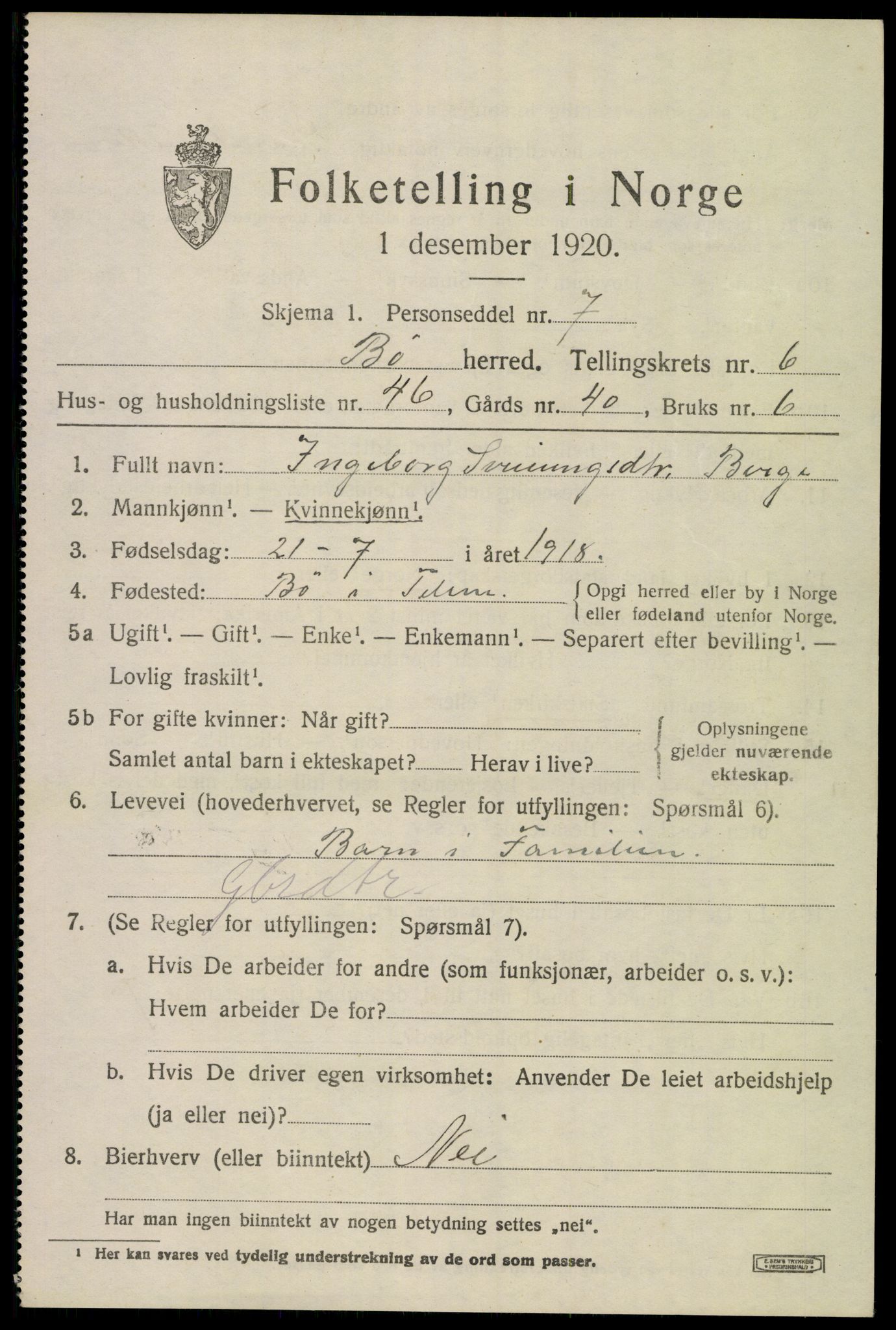 SAKO, 1920 census for Bø (Telemark), 1920, p. 4908