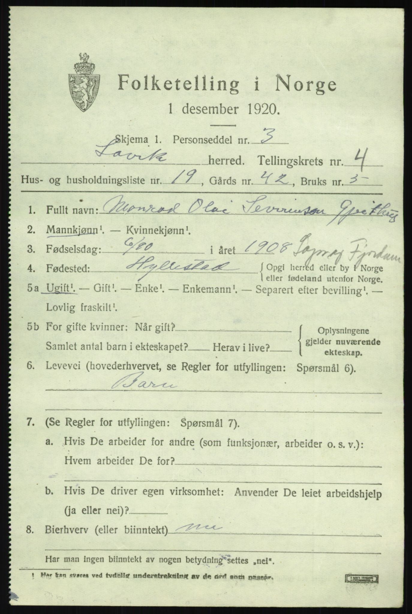 SAB, 1920 census for Lavik, 1920, p. 920