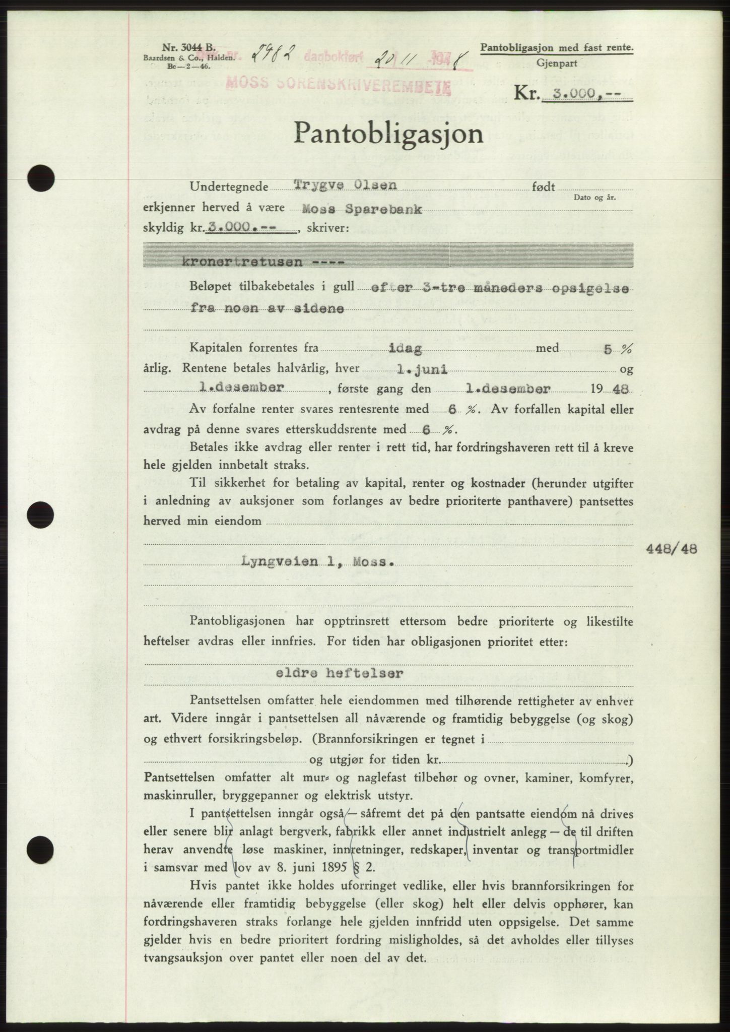 Moss sorenskriveri, AV/SAO-A-10168: Mortgage book no. B20, 1948-1948, Diary no: : 2982/1948