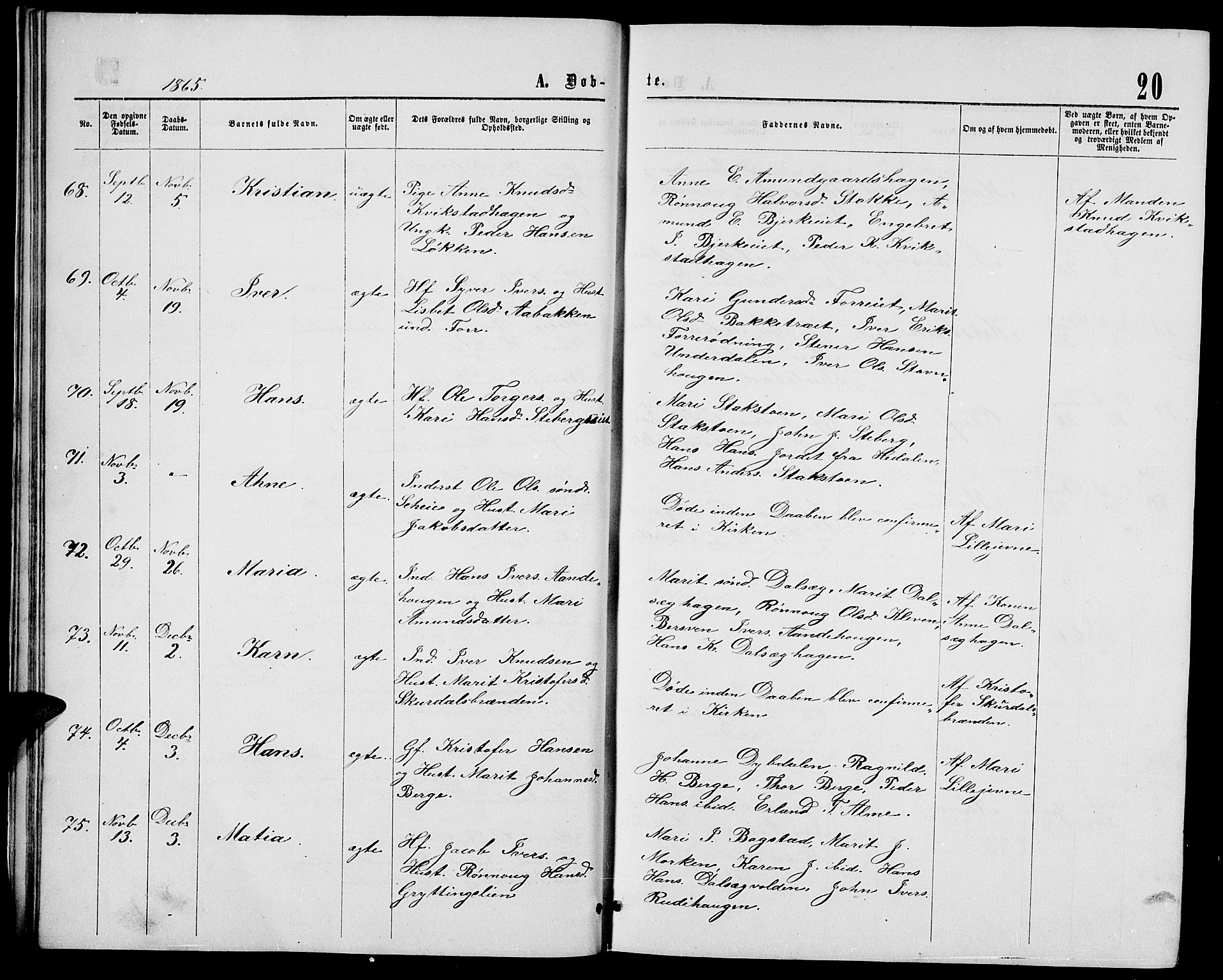 Sør-Fron prestekontor, SAH/PREST-010/H/Ha/Hab/L0002: Parish register (copy) no. 2, 1864-1883, p. 20