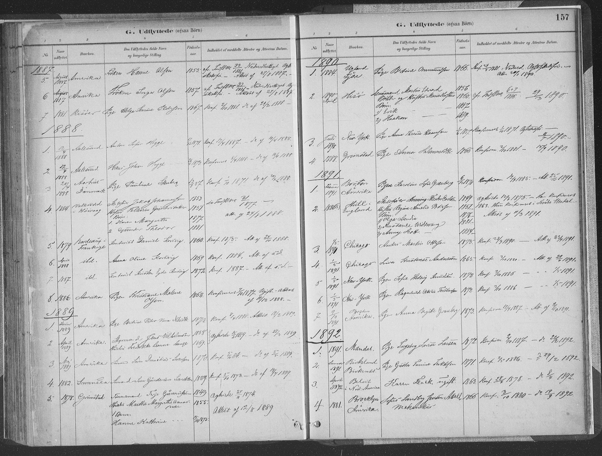 Vestre Moland sokneprestkontor, AV/SAK-1111-0046/F/Fa/Faa/L0001: Parish register (official) no. A 1, 1884-1899, p. 157