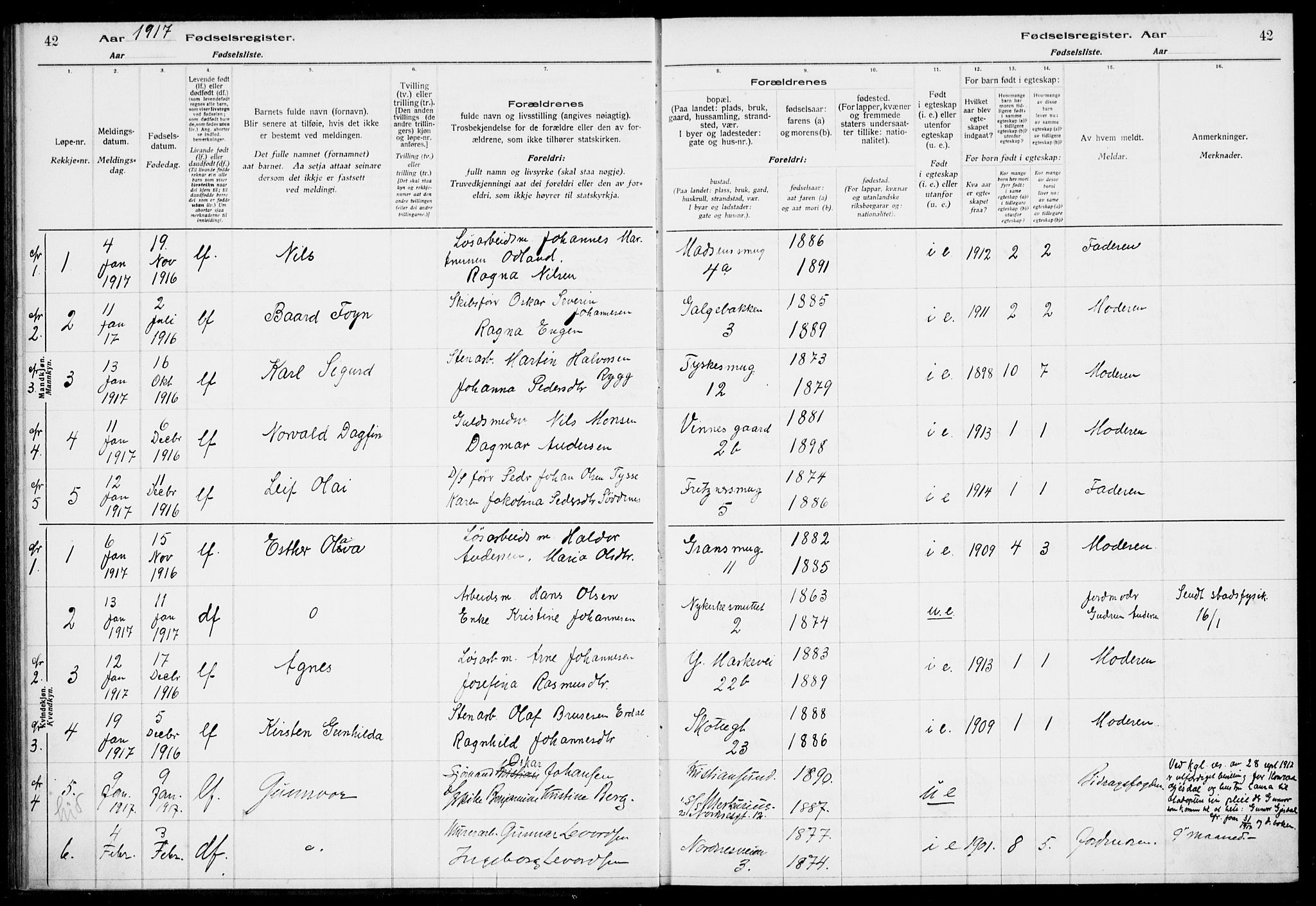 Nykirken Sokneprestembete, AV/SAB-A-77101/I/Id/L00A1: Birth register no. A 1, 1916-1922, p. 42