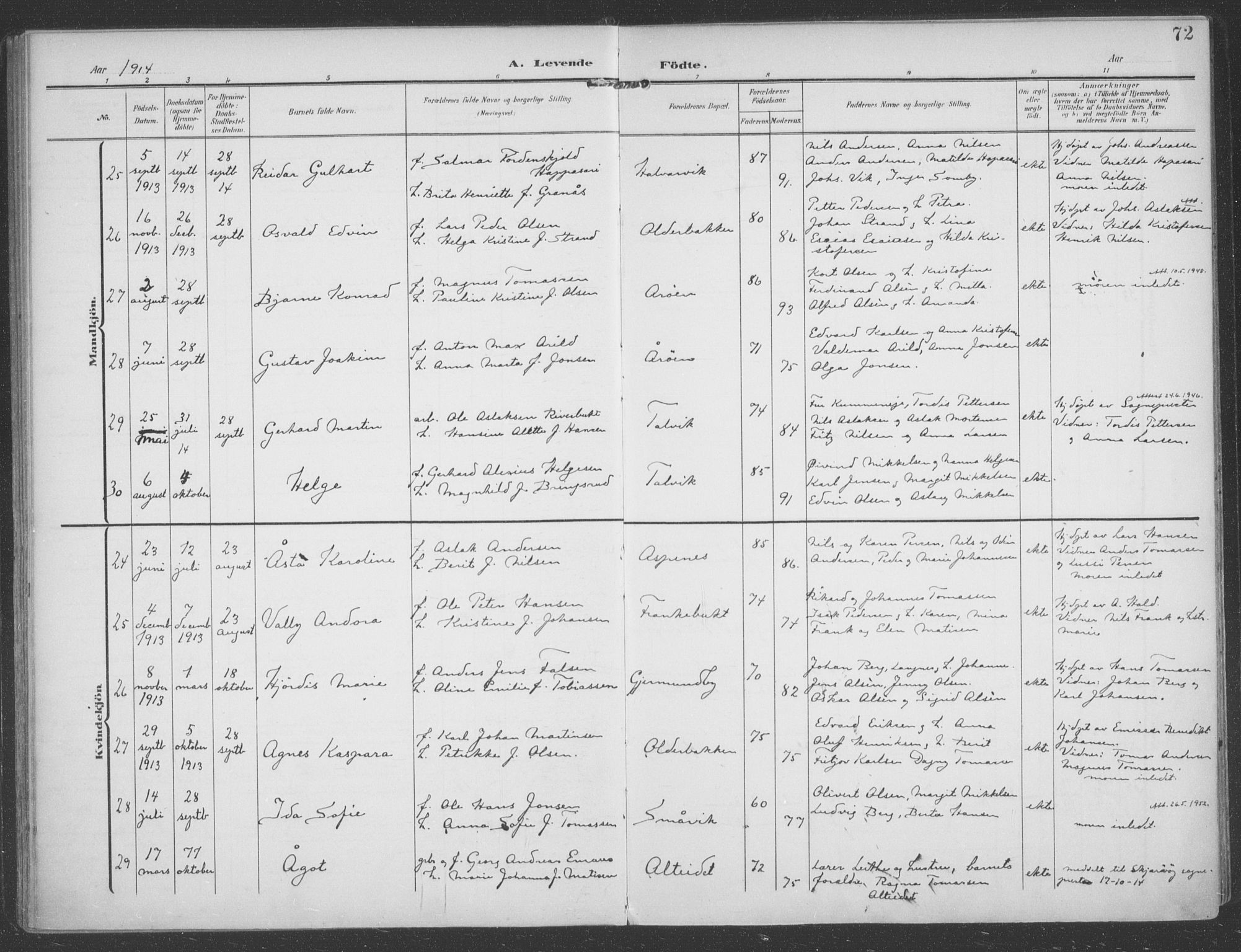 Talvik sokneprestkontor, SATØ/S-1337/H/Ha/L0017kirke: Parish register (official) no. 17, 1906-1915, p. 72