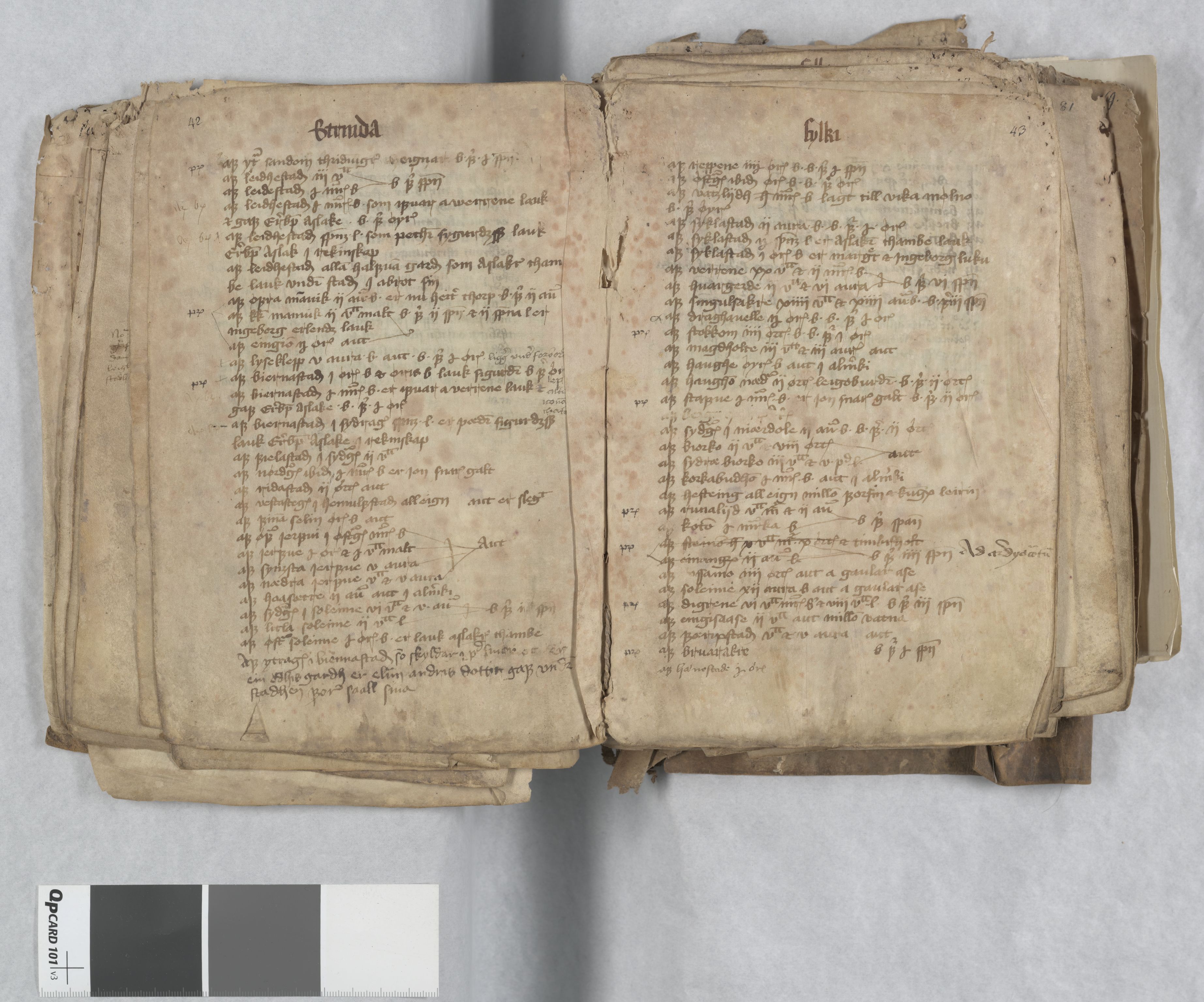 Riksarkivets diplomsamling, AV/RA-EA-5965/F13/F13c/L0001a/0001: NRA dipl. München papir, nr. 4292 Aslak Bolts jordebok. / 4292: Aslak Bolts jordebok, 1430-1439, p. 42-43
