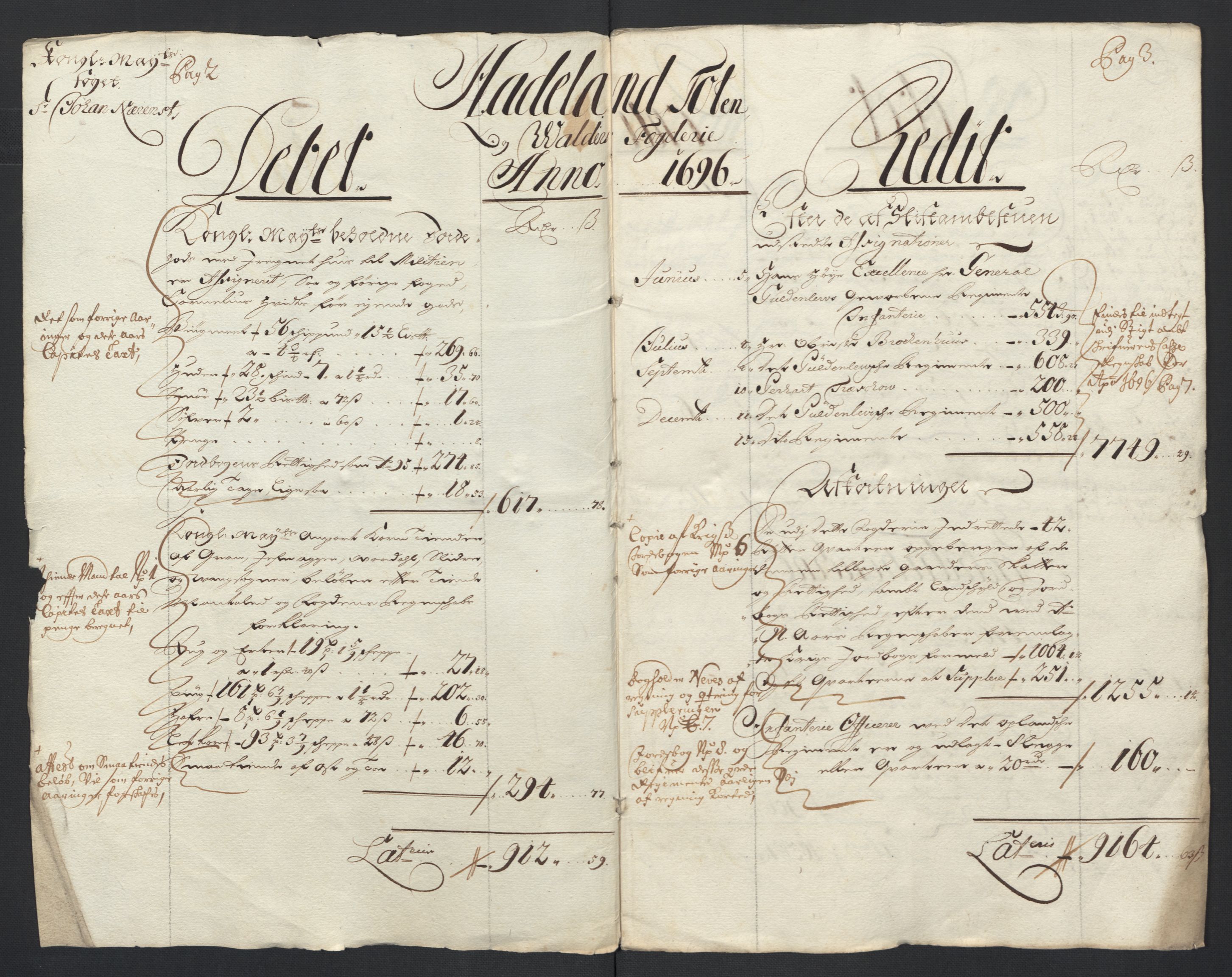 Rentekammeret inntil 1814, Reviderte regnskaper, Fogderegnskap, RA/EA-4092/R18/L1294: Fogderegnskap Hadeland, Toten og Valdres, 1696, p. 4
