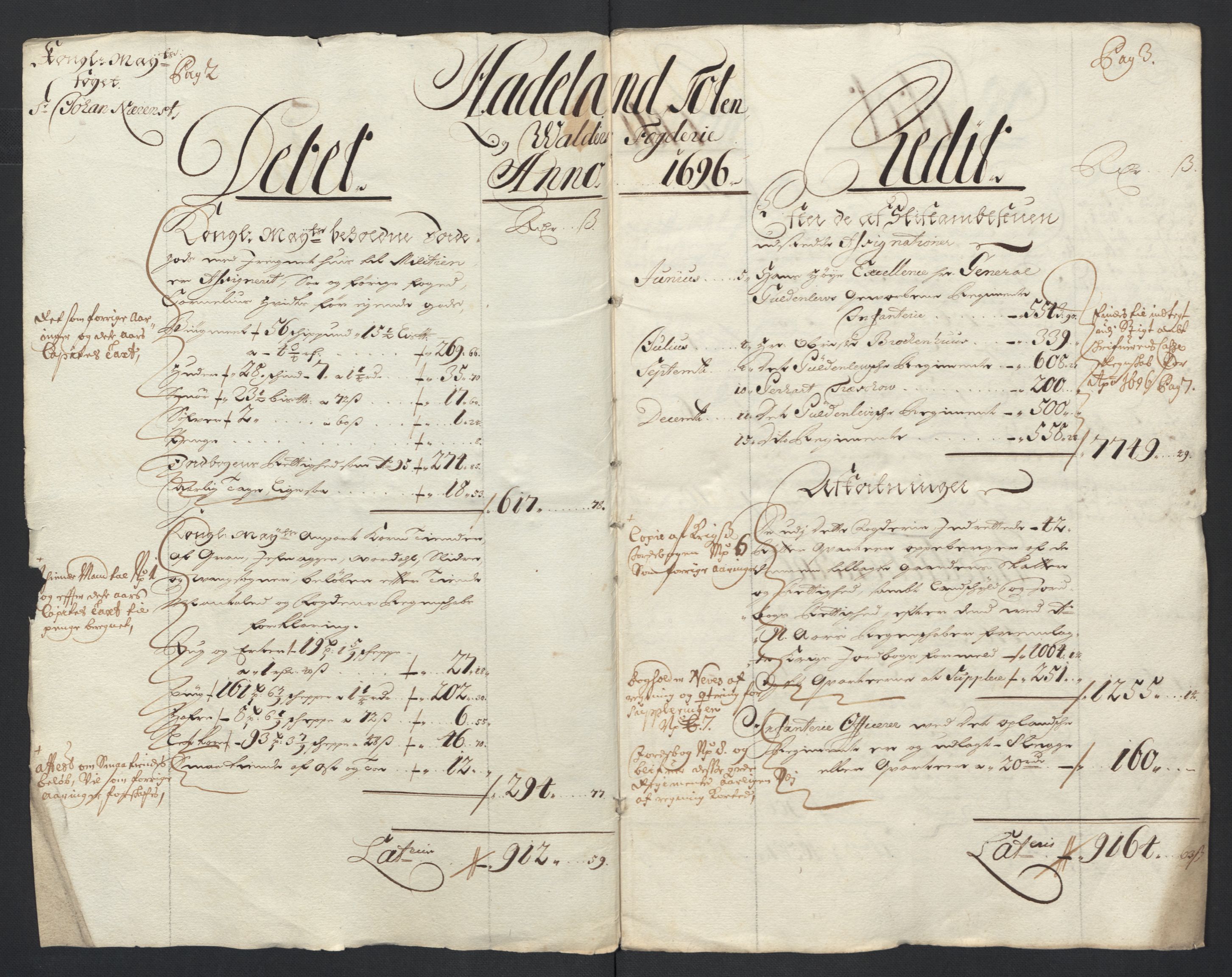 Rentekammeret inntil 1814, Reviderte regnskaper, Fogderegnskap, AV/RA-EA-4092/R18/L1294: Fogderegnskap Hadeland, Toten og Valdres, 1696, p. 4