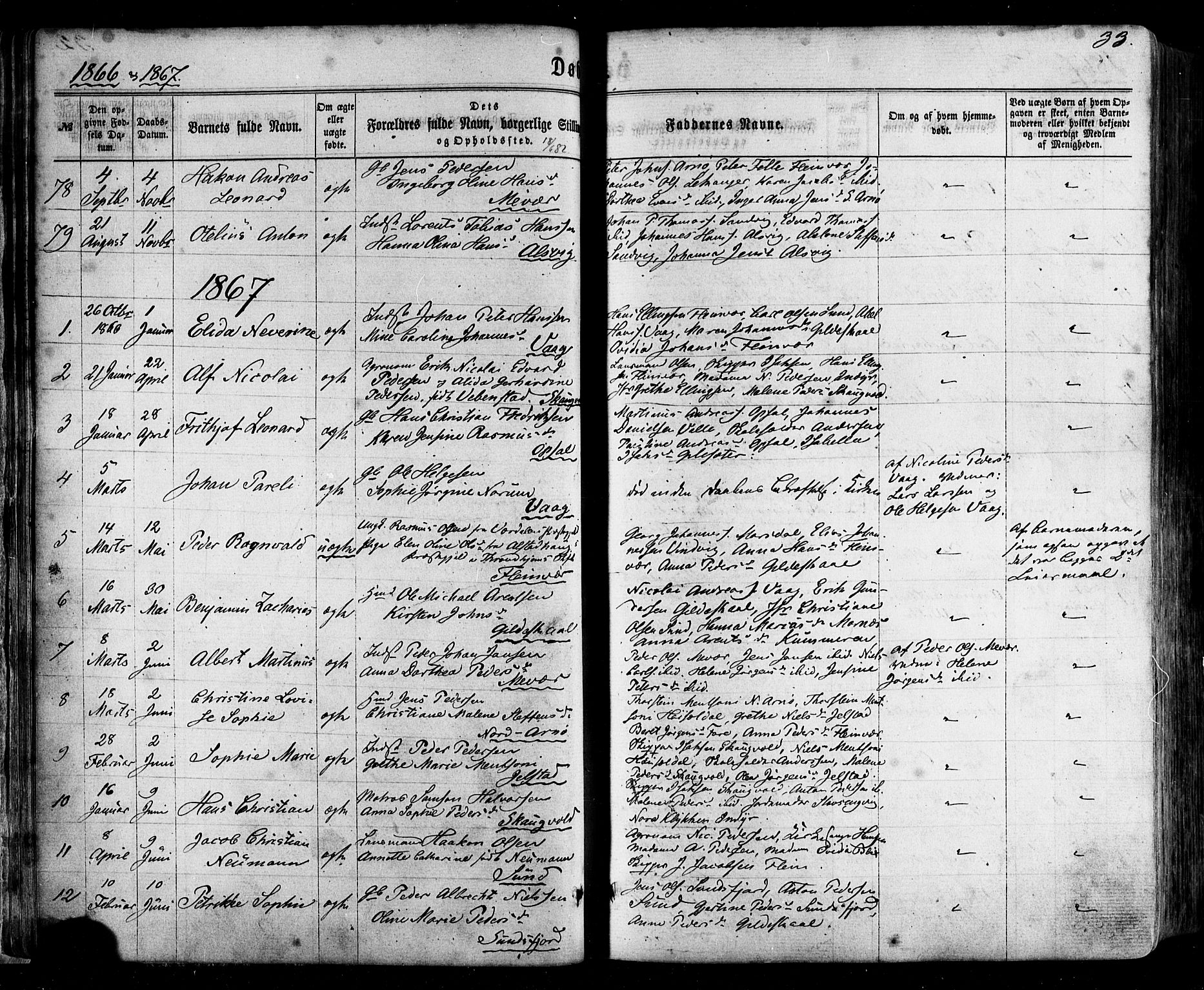 Ministerialprotokoller, klokkerbøker og fødselsregistre - Nordland, SAT/A-1459/805/L0098: Parish register (official) no. 805A05, 1862-1879, p. 33