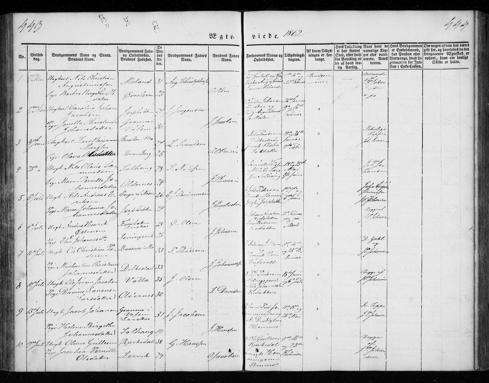 Ministerialprotokoller, klokkerbøker og fødselsregistre - Nordland, AV/SAT-A-1459/825/L0355: Parish register (official) no. 825A09, 1842-1863, p. 443-444