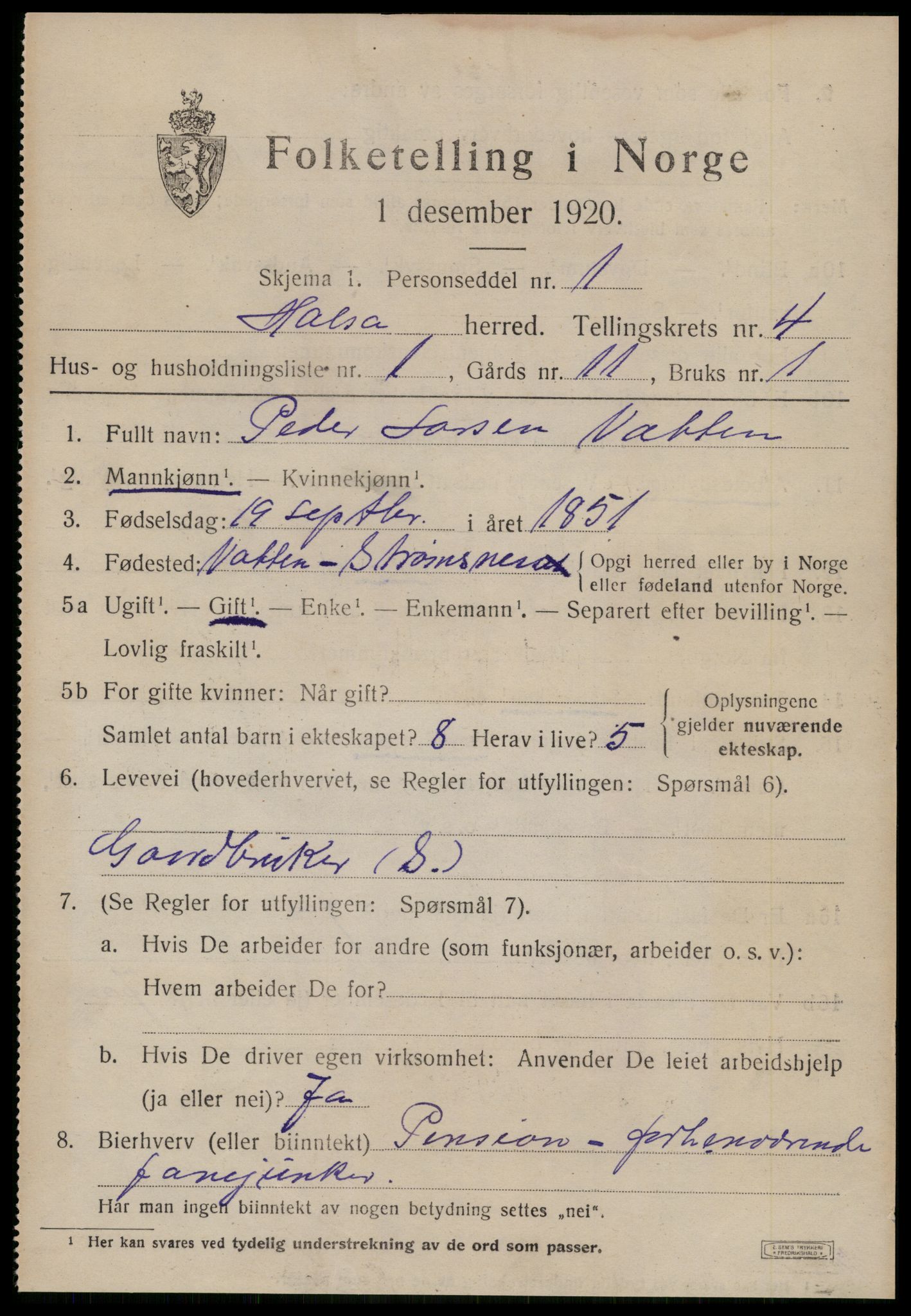 SAT, 1920 census for Halsa, 1920, p. 1623