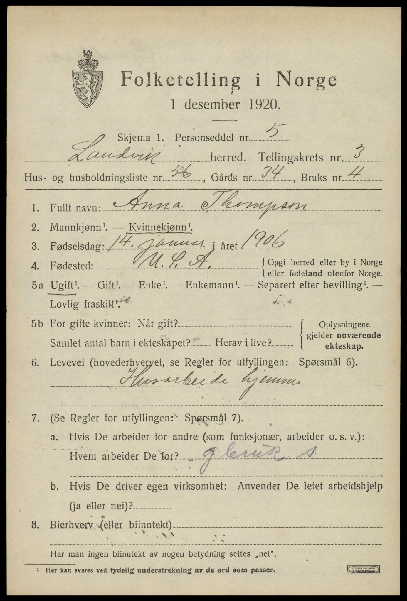 SAK, 1920 census for Landvik, 1920, p. 3440