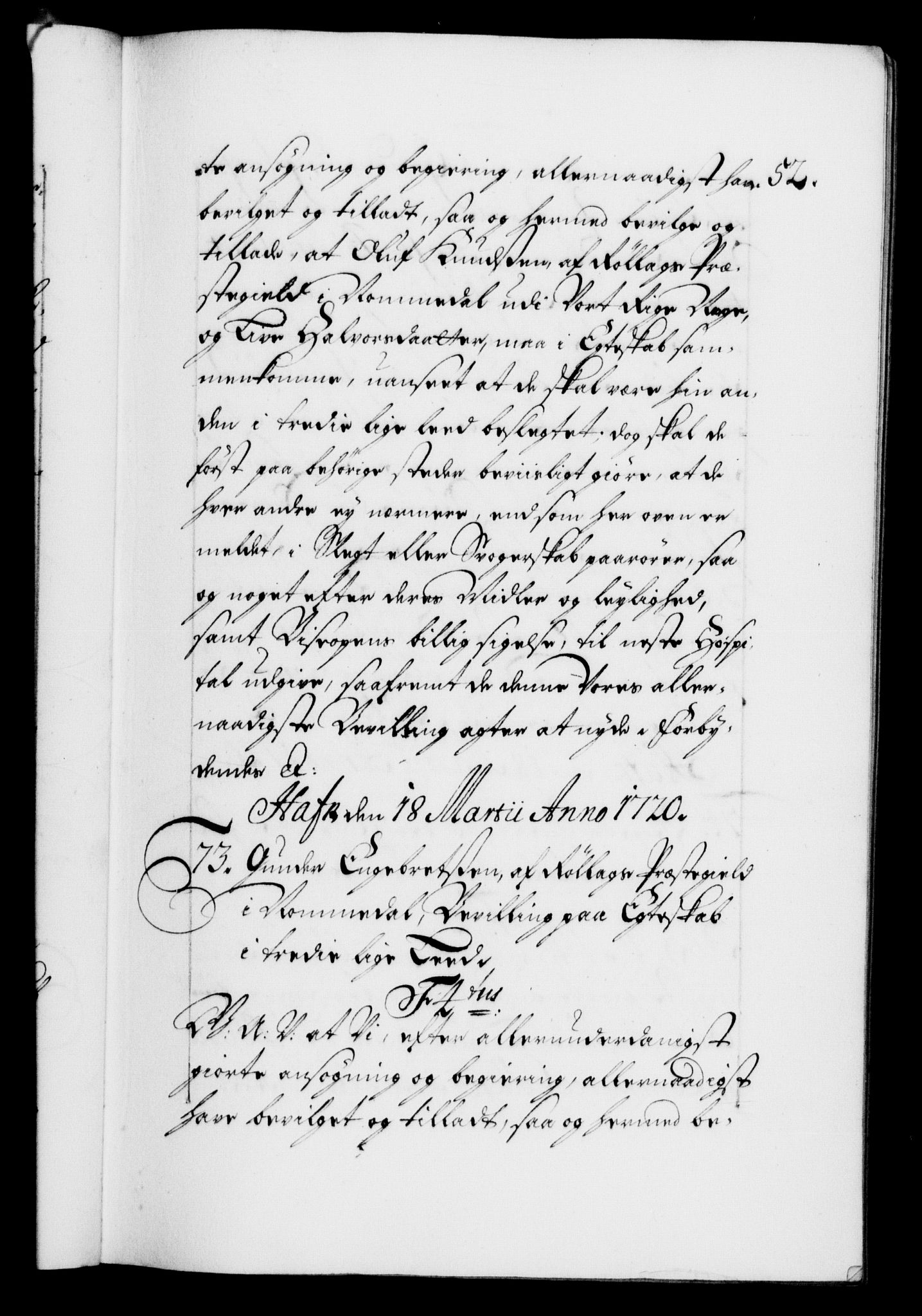 Danske Kanselli 1572-1799, AV/RA-EA-3023/F/Fc/Fca/Fcaa/L0023: Norske registre, 1720-1722, p. 52a