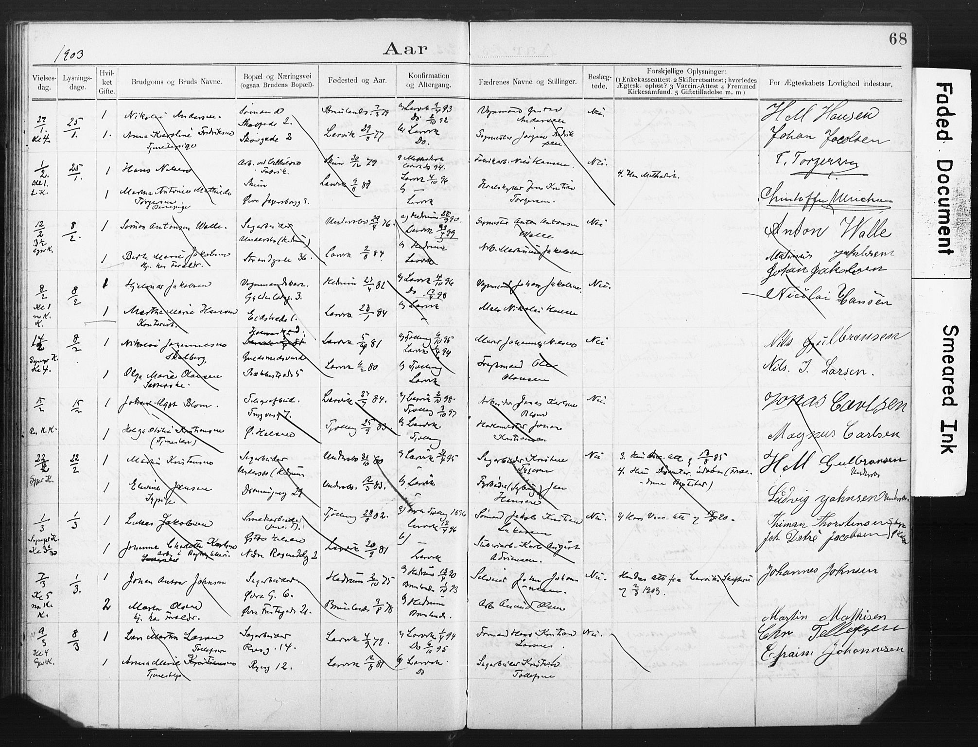 Larvik kirkebøker, AV/SAKO-A-352/H/Ha/L0002: Banns register no. 2, 1892-1907, p. 68