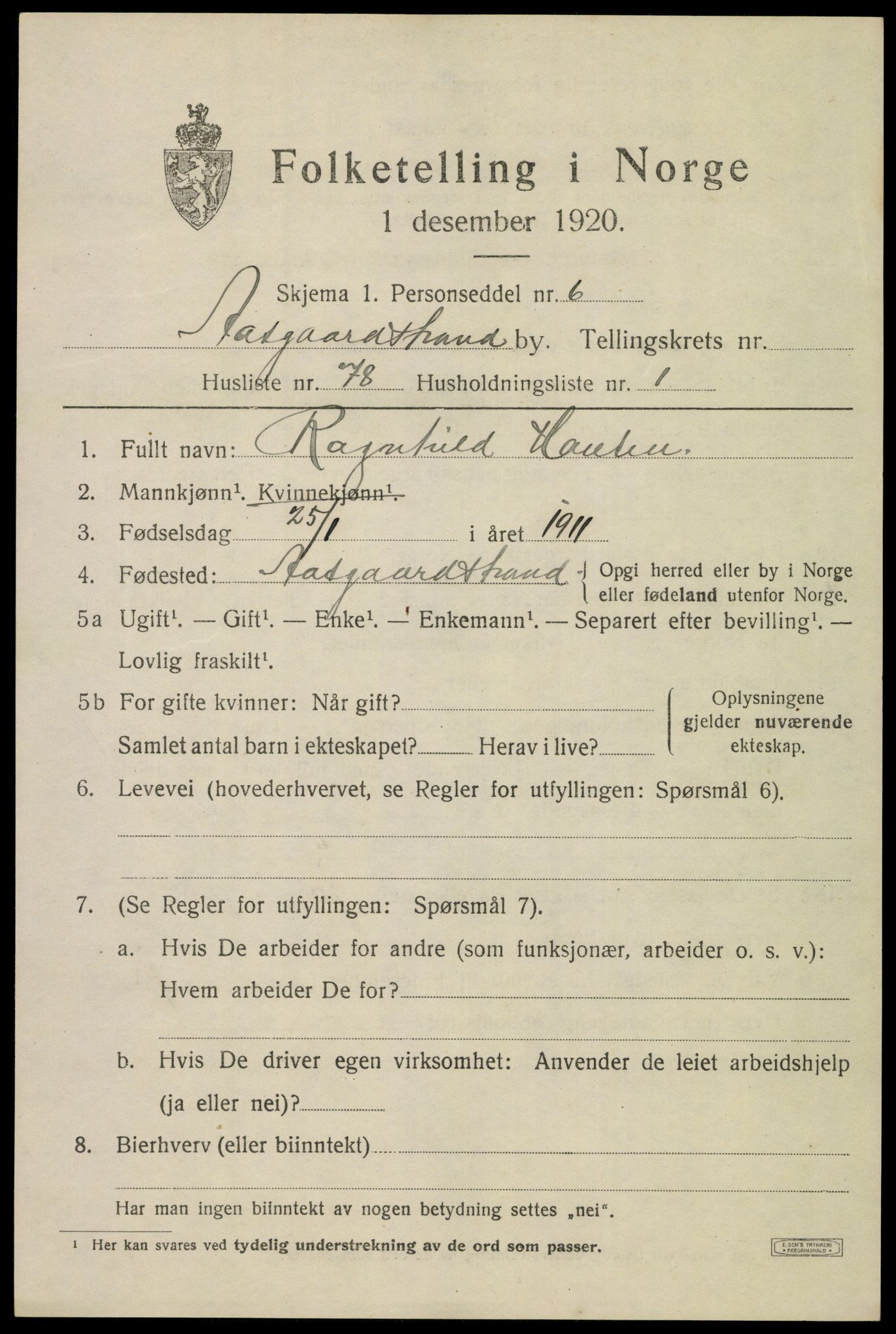 SAKO, 1920 census for Åsgårdstrand, 1920, p. 1207