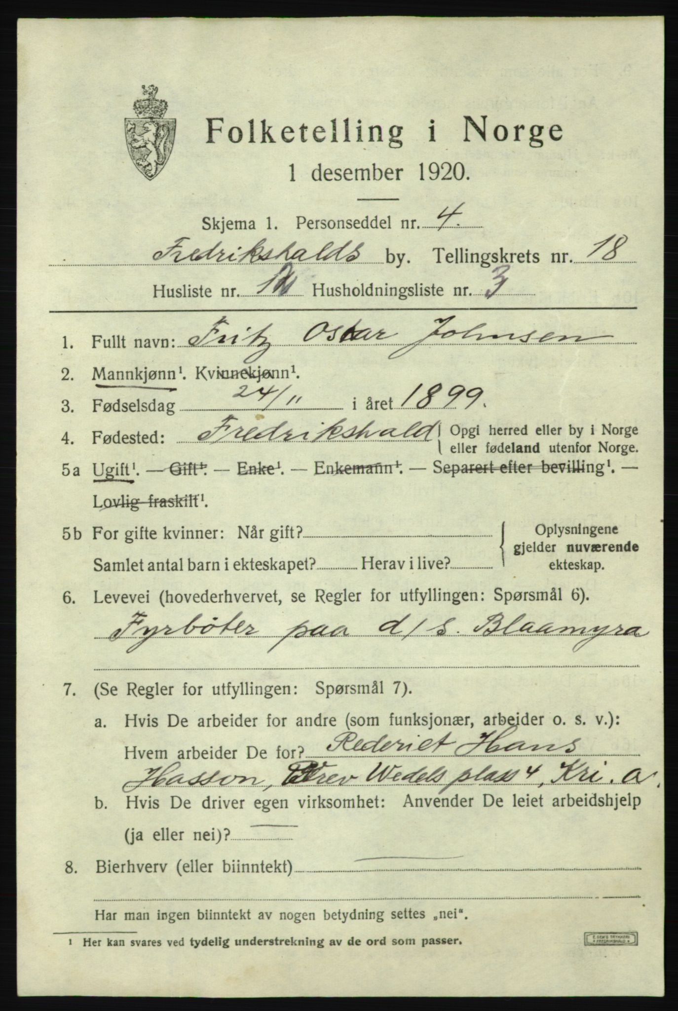 SAO, 1920 census for Fredrikshald, 1920, p. 27373