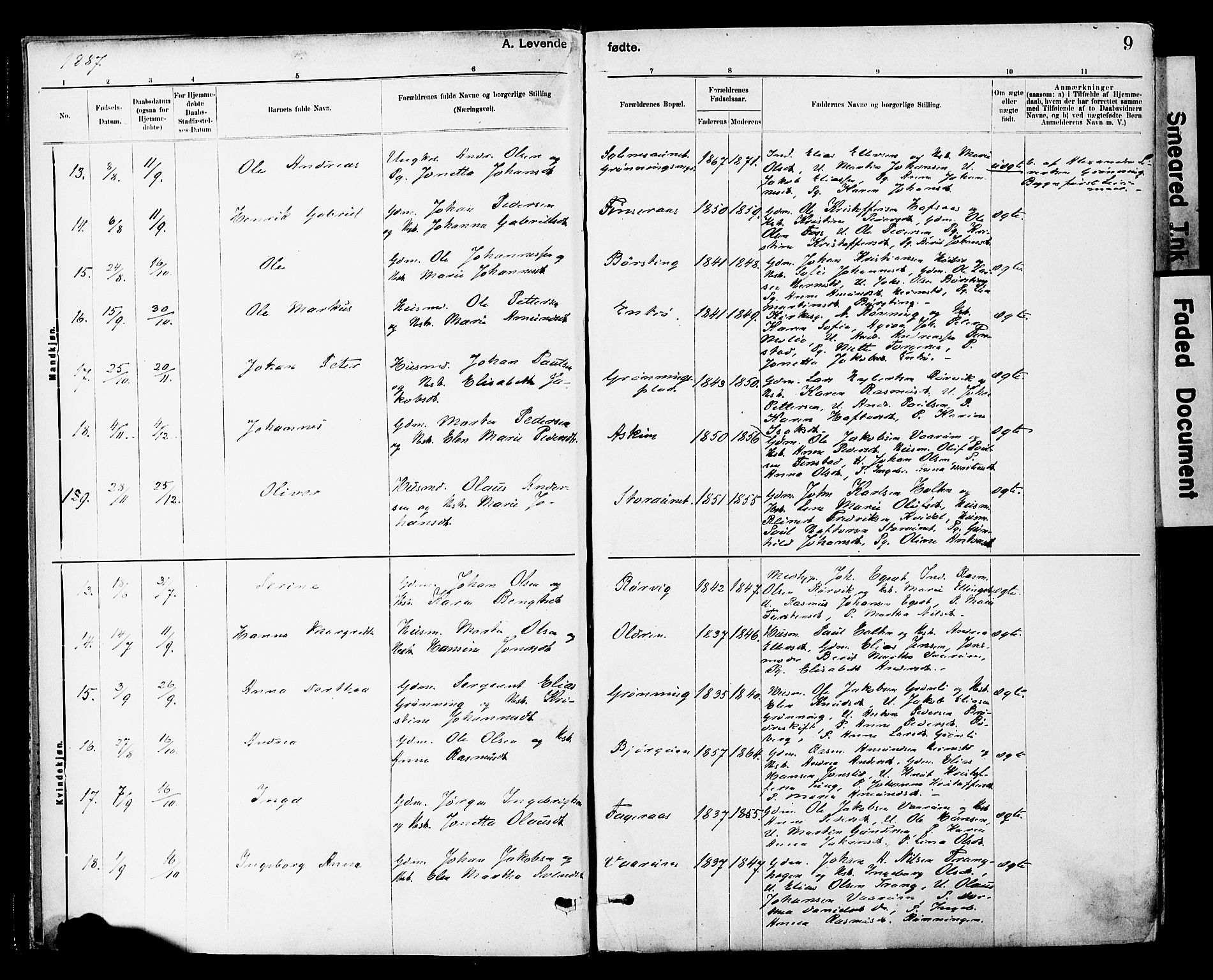 Ministerialprotokoller, klokkerbøker og fødselsregistre - Sør-Trøndelag, AV/SAT-A-1456/646/L0615: Parish register (official) no. 646A13, 1885-1900, p. 9