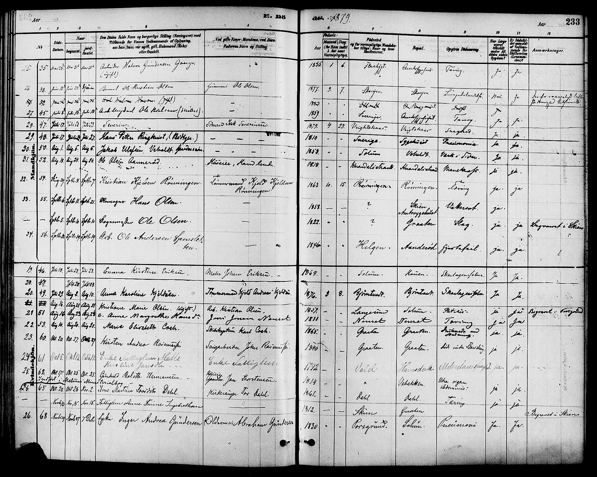 Solum kirkebøker, AV/SAKO-A-306/F/Fa/L0009: Parish register (official) no. I 9, 1877-1887, p. 233