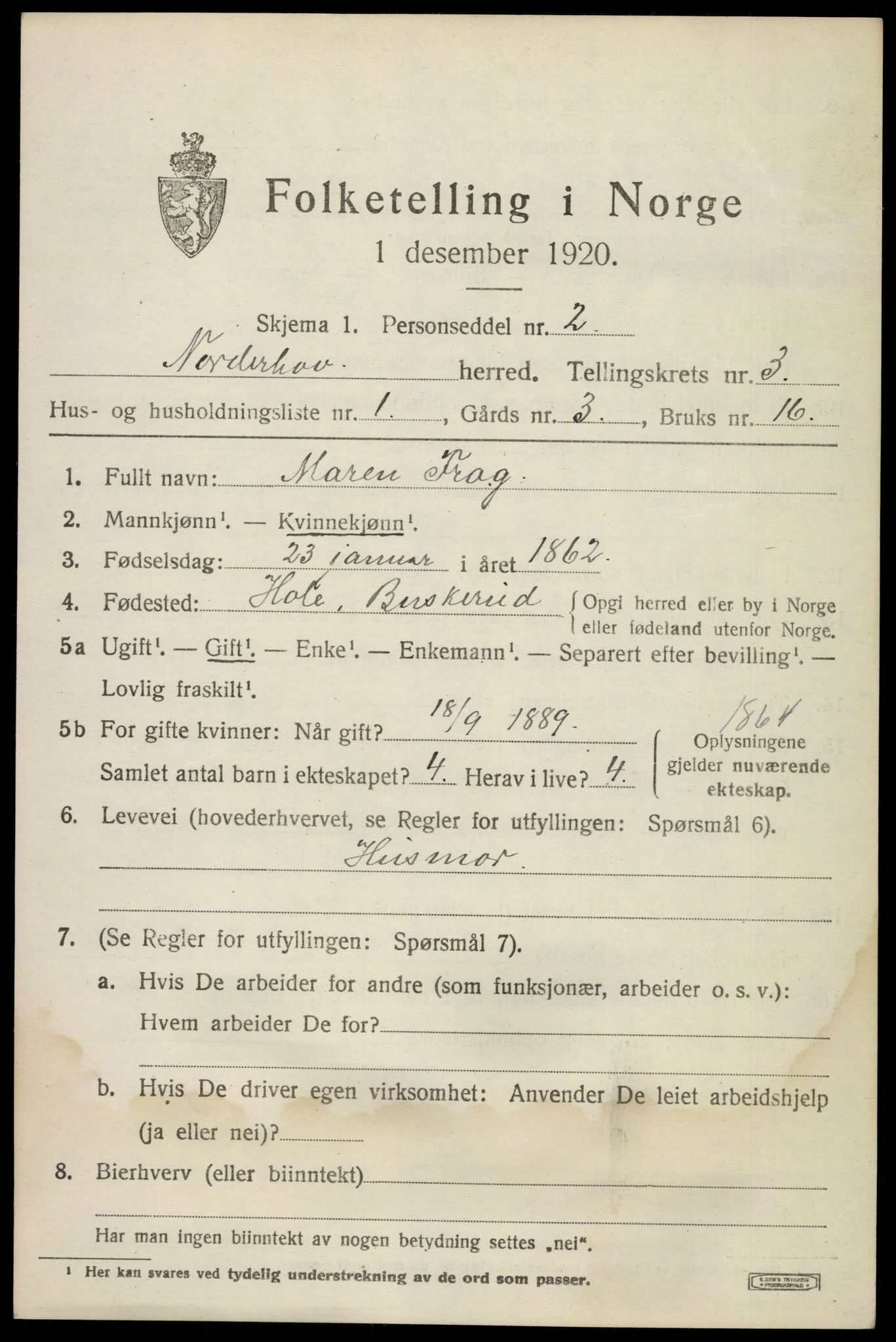 SAKO, 1920 census for Norderhov, 1920, p. 5282