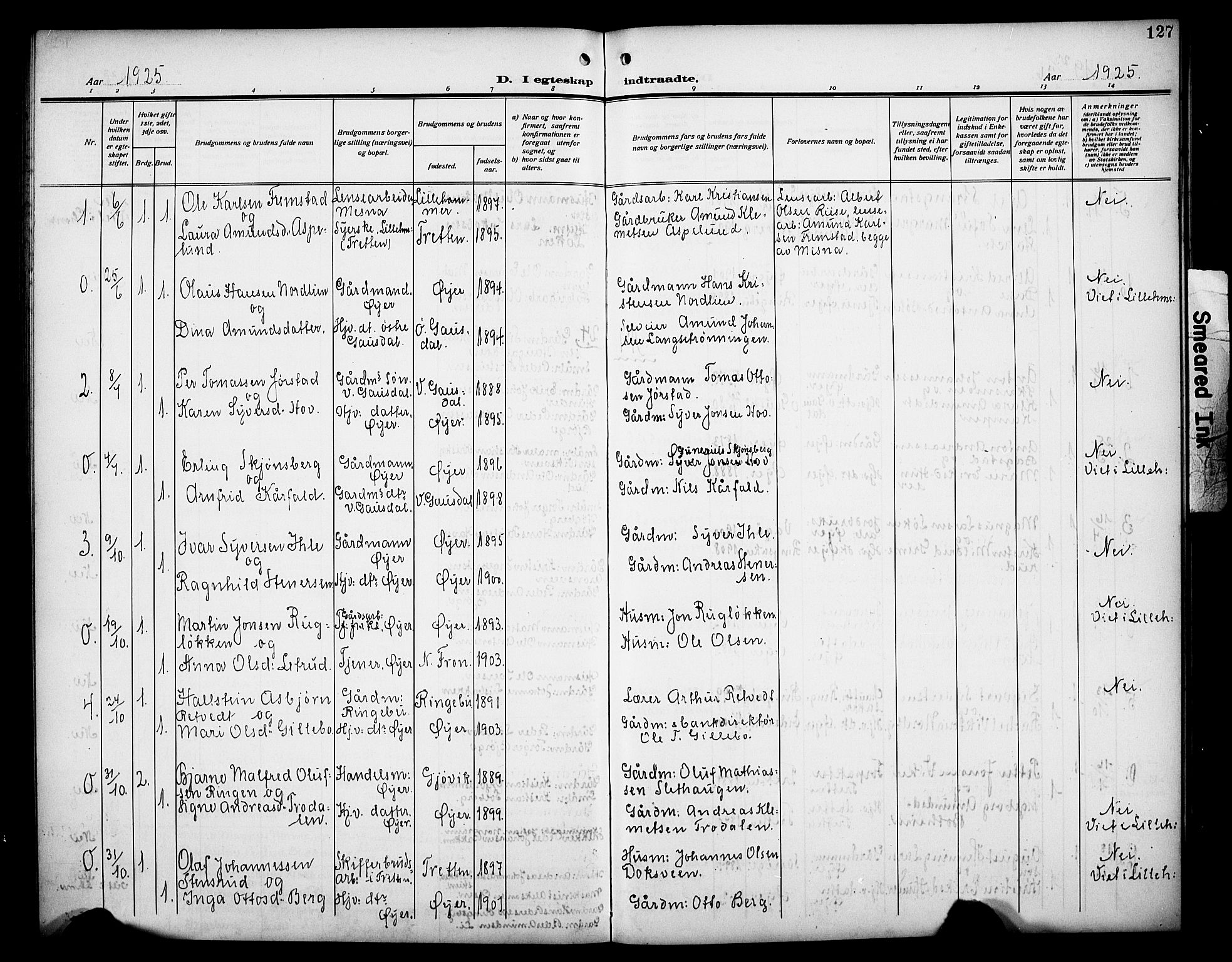 Øyer prestekontor, SAH/PREST-084/H/Ha/Hab/L0007: Parish register (copy) no. 7, 1913-1928, p. 127