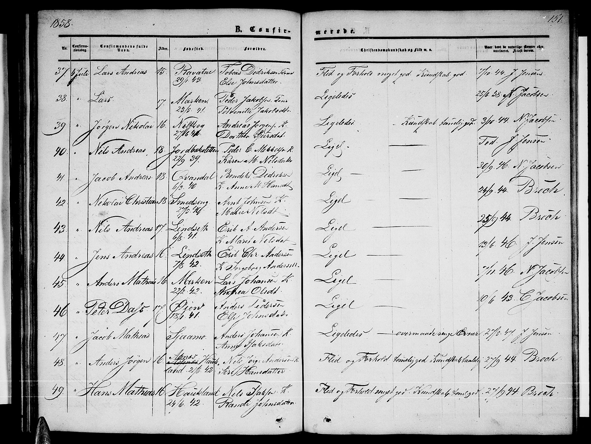Ministerialprotokoller, klokkerbøker og fødselsregistre - Nordland, SAT/A-1459/820/L0301: Parish register (copy) no. 820C03, 1851-1858, p. 151