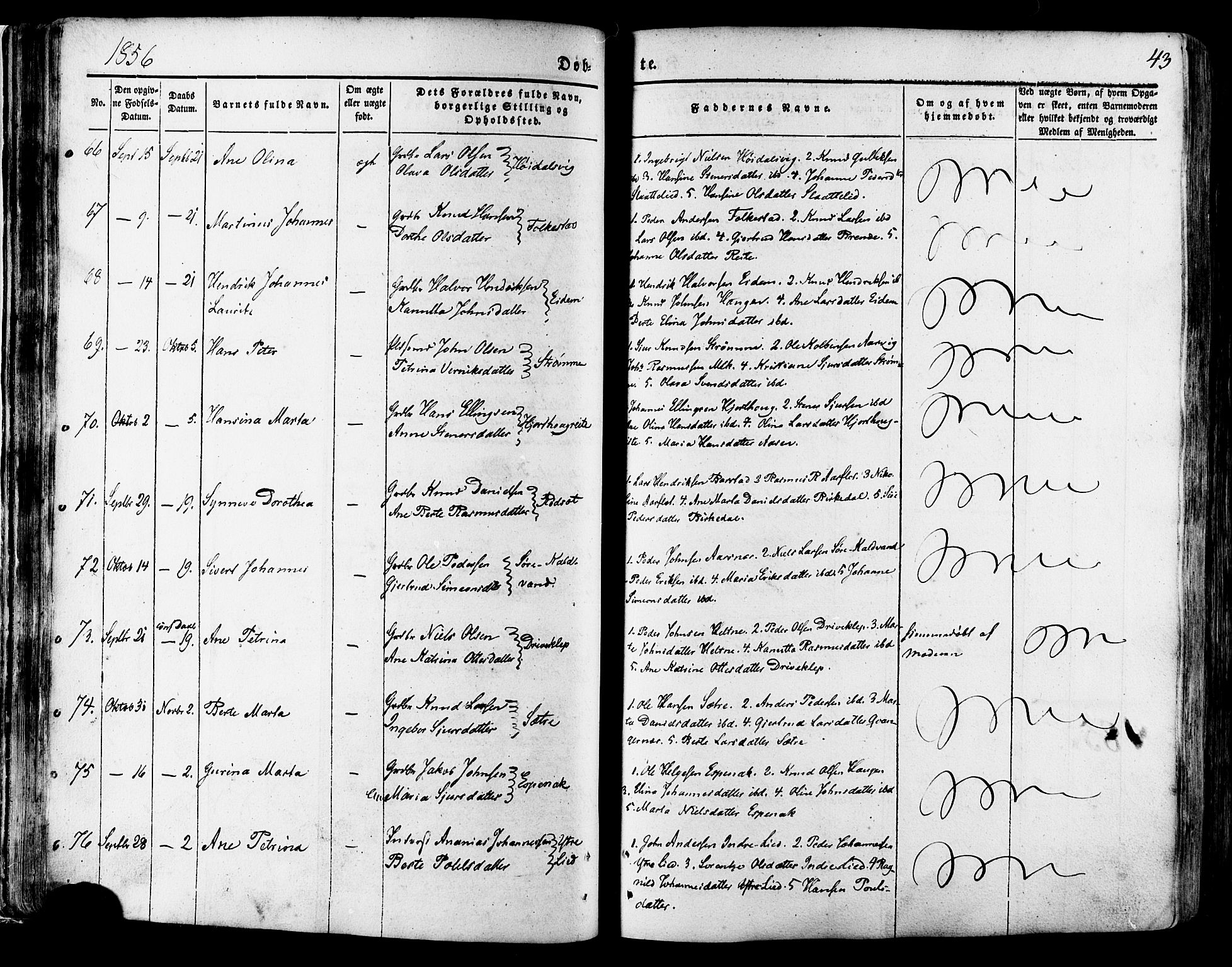 Ministerialprotokoller, klokkerbøker og fødselsregistre - Møre og Romsdal, SAT/A-1454/511/L0140: Parish register (official) no. 511A07, 1851-1878, p. 43