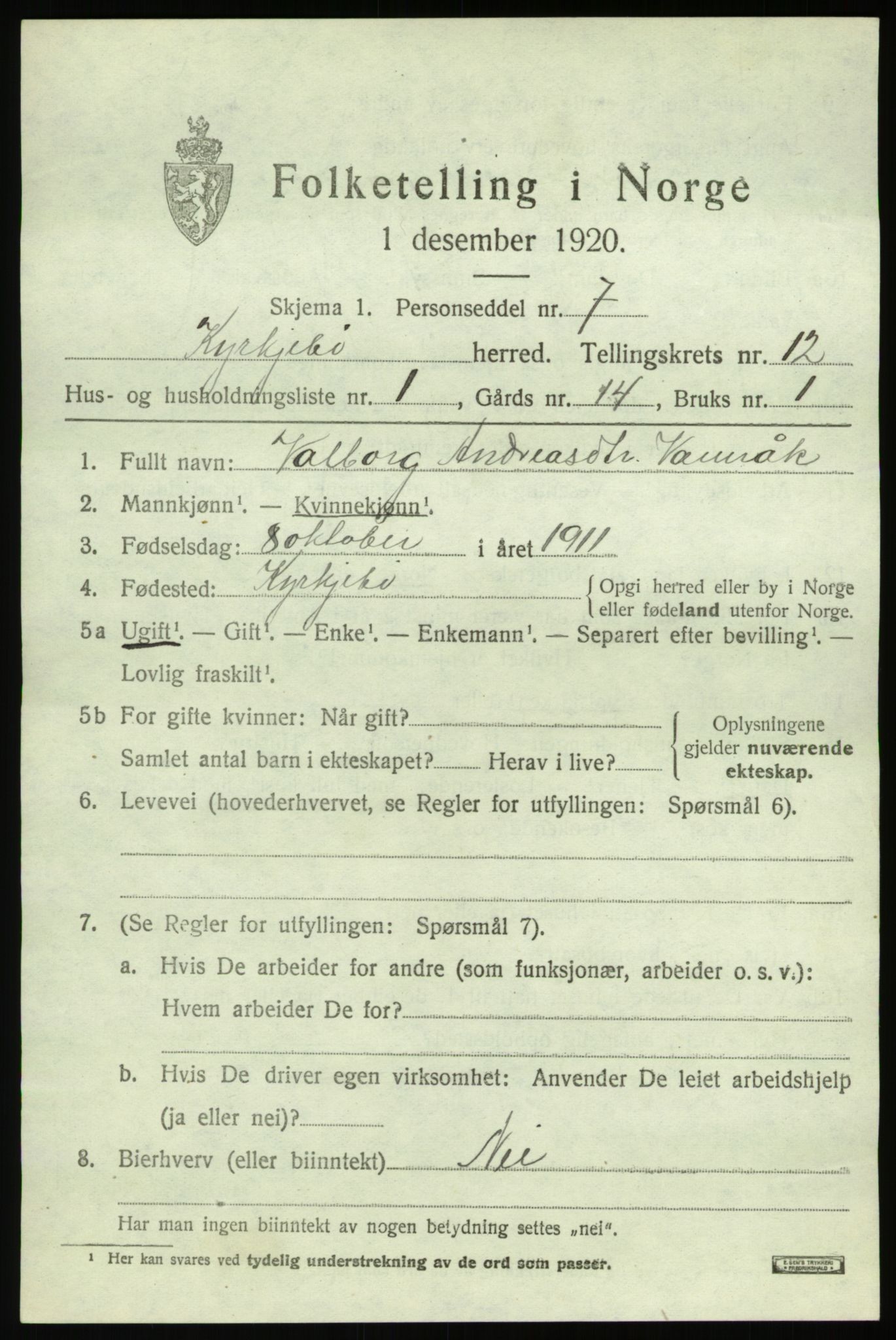 SAB, 1920 census for Kyrkjebø, 1920, p. 5869