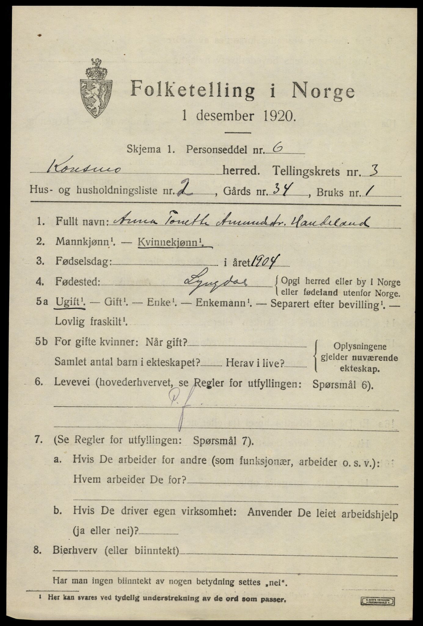SAK, 1920 census for Konsmo, 1920, p. 1142
