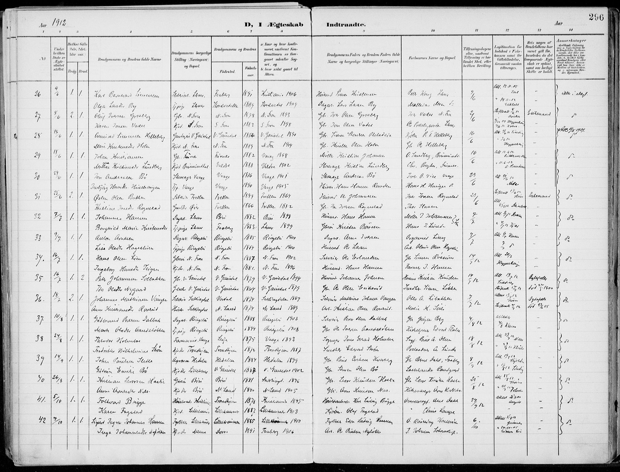 Lillehammer prestekontor, AV/SAH-PREST-088/H/Ha/Haa/L0001: Parish register (official) no. 1, 1901-1916, p. 296