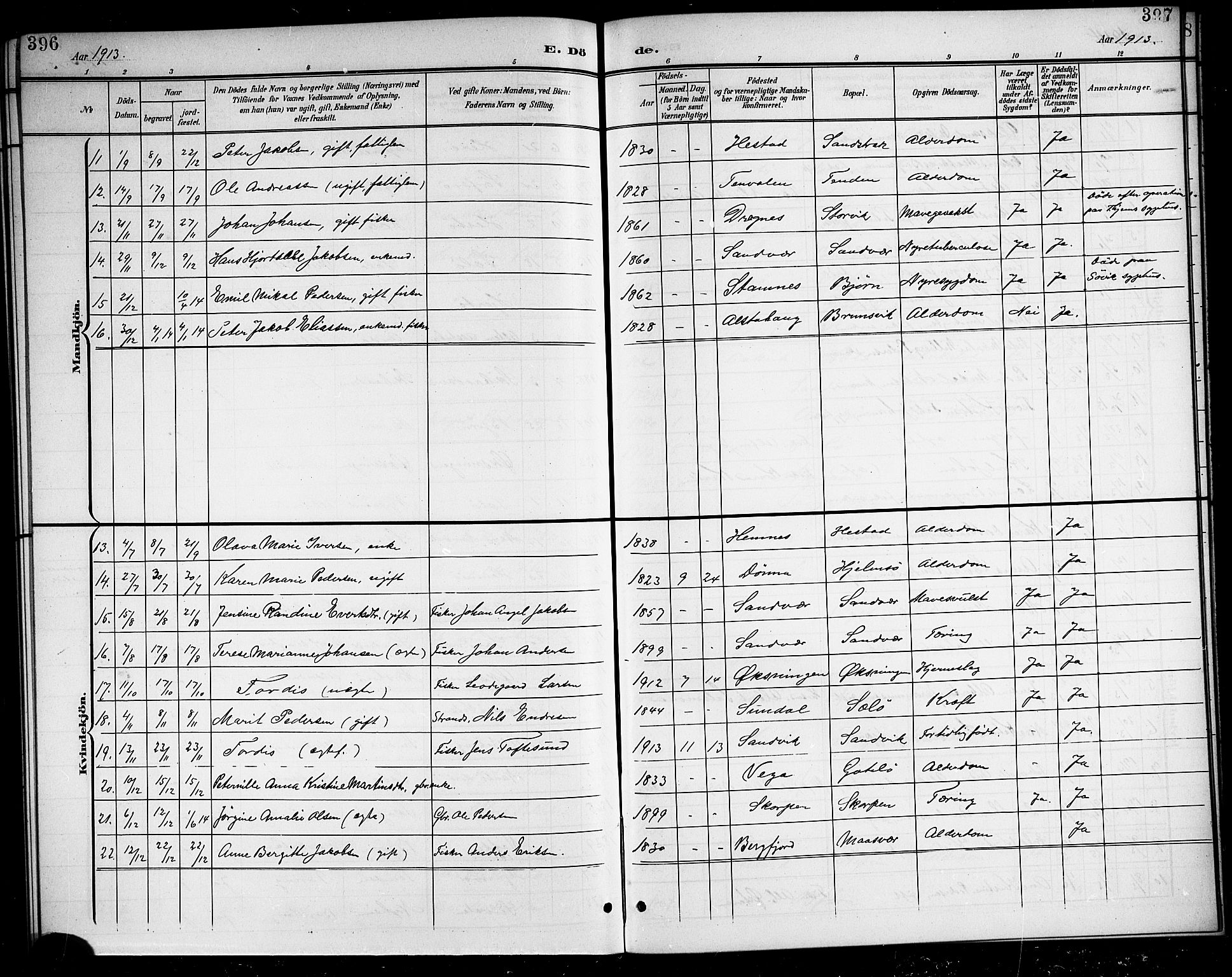 Ministerialprotokoller, klokkerbøker og fødselsregistre - Nordland, AV/SAT-A-1459/834/L0516: Parish register (copy) no. 834C06, 1902-1918, p. 396-397