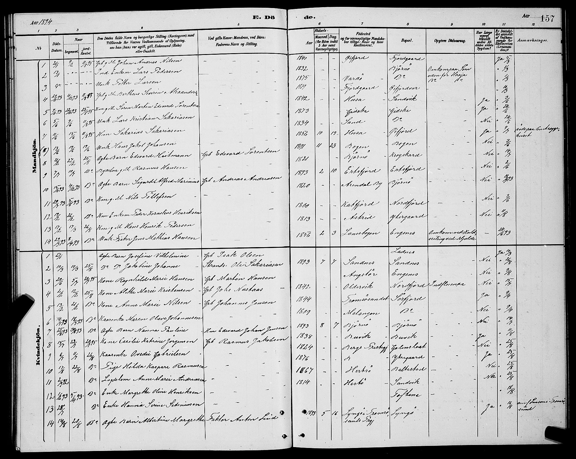 Lenvik sokneprestembete, AV/SATØ-S-1310/H/Ha/Hab/L0021klokker: Parish register (copy) no. 21, 1884-1900, p. 157