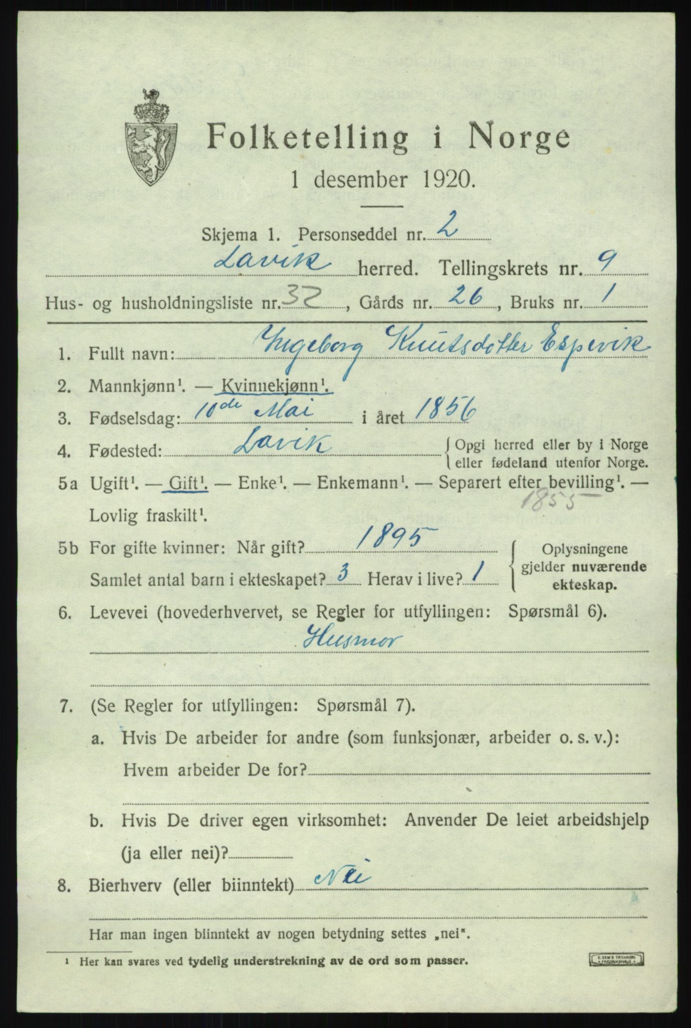 SAB, 1920 census for Lavik, 1920, p. 2260